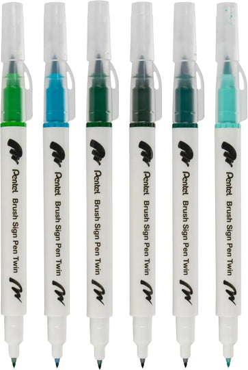 Pentel Arts Sign Pen Twin Brush, 6 - Pack, Plastic Box (Green Hues) - Pentel of America, Ltd.