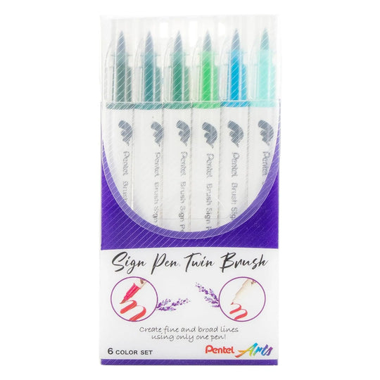 Pentel Arts Sign Pen Twin Brush, 6 - Pack, Plastic Box (Green Hues) - Pentel of America, Ltd.