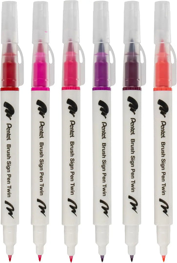 Pentel Arts Sign Pen Twin Brush, 6 - Pack, Plastic Box (Pink Hues) - Pentel of America, Ltd.