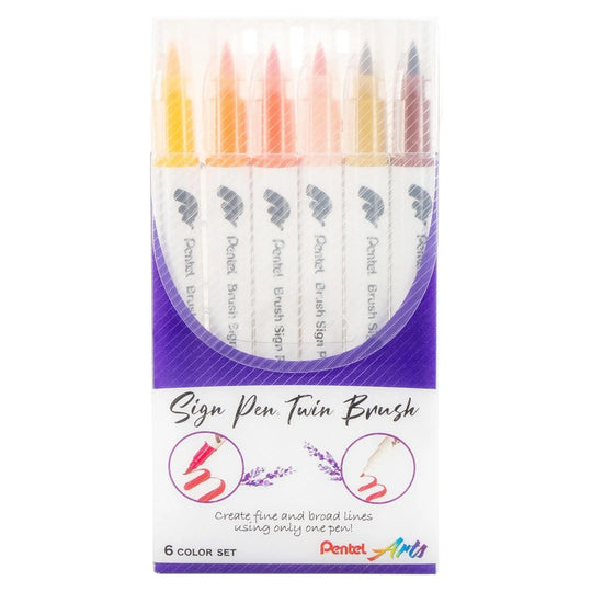 Pentel Arts Sign Pen Twin Brush, 6 - Pack, Plastic Box (Yellow Hues) - Pentel of America, Ltd.