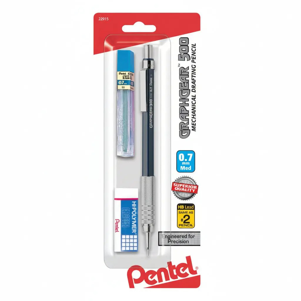 Pentel Drafting Kit with Graph Gear 500 Automatic Drafting Pencil, 0.7mm, Blue Barrel, Lead and Mini Eraser (PG527LEBP) - Pentel of America, Ltd.