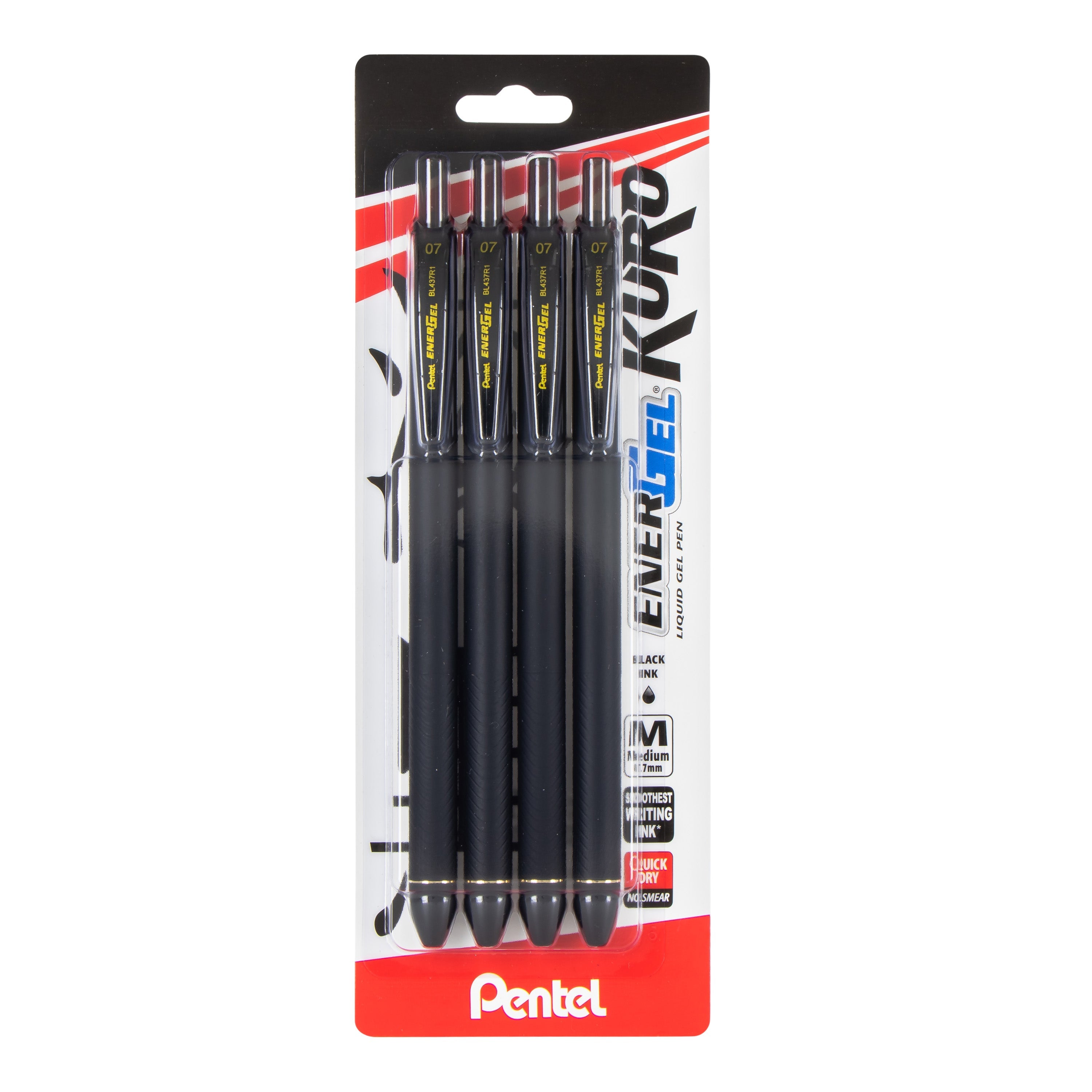 Pentel EnerGel Kuro Liquid Gel Pen, (0.7mm) Medium line, Black Ink, 4-pk - Pentel of America, Ltd.