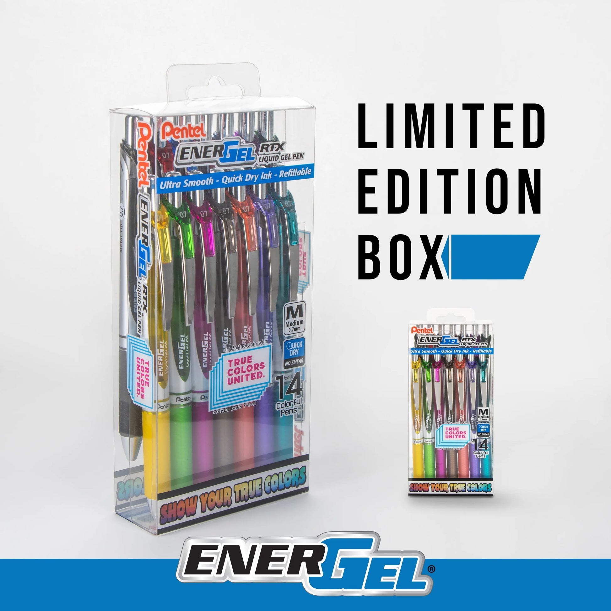 Set of assorted colored liquid gel pens in a clear plastic box featuring medium 0.7mm tips, designed for smooth, quick-drying ink and premium writing performance.
