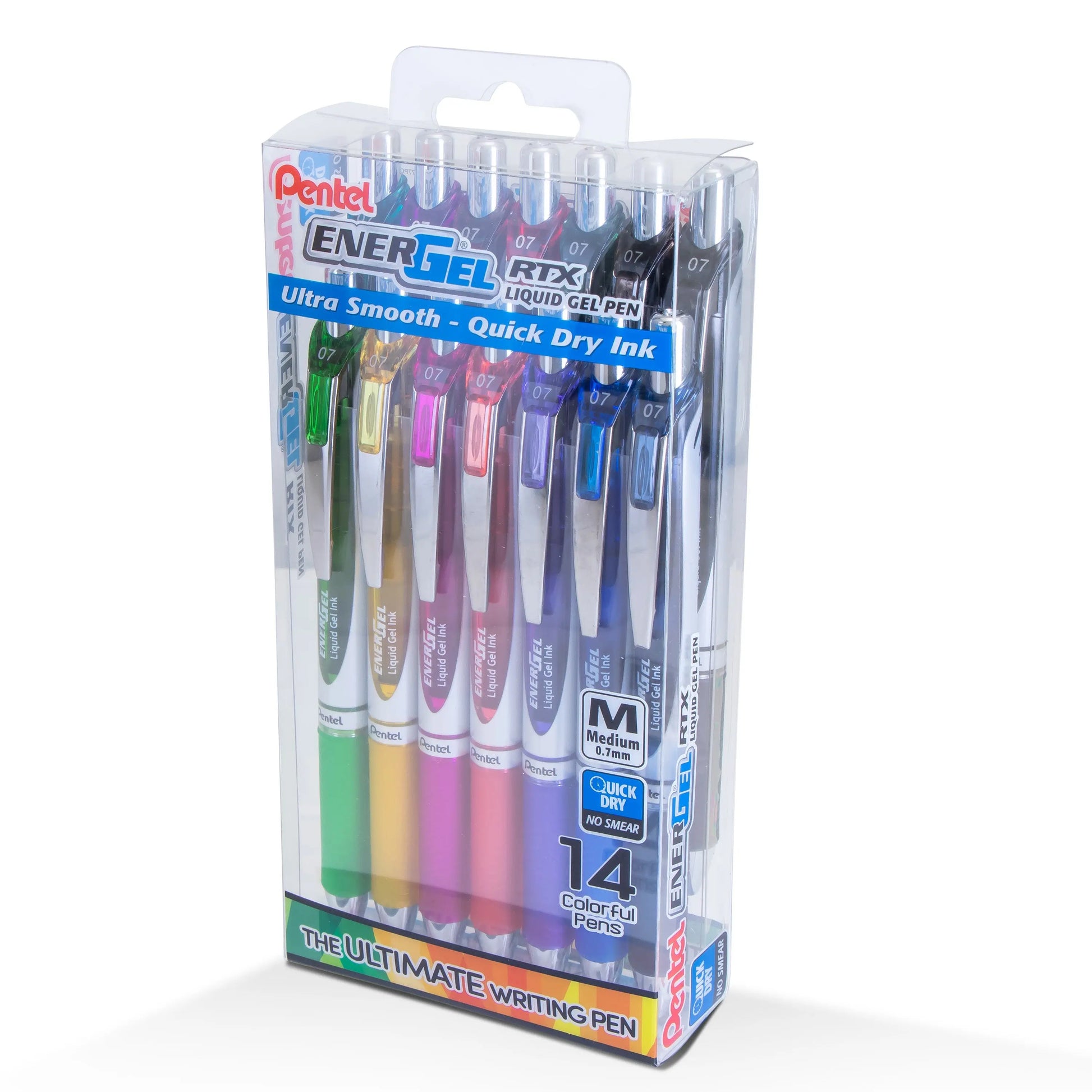 Pack of 14 assorted color Pentel EnerGel RTX liquid gel pens with medium 0.7mm tips, featuring ultra-smooth, quick-dry ink in a clear plastic case.