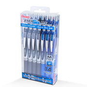 Clear plastic box containing 14 Pentel EnerGel RTX liquid gel pens with 0.7mm medium black and blue ink, designed for smooth, quick-drying writing.