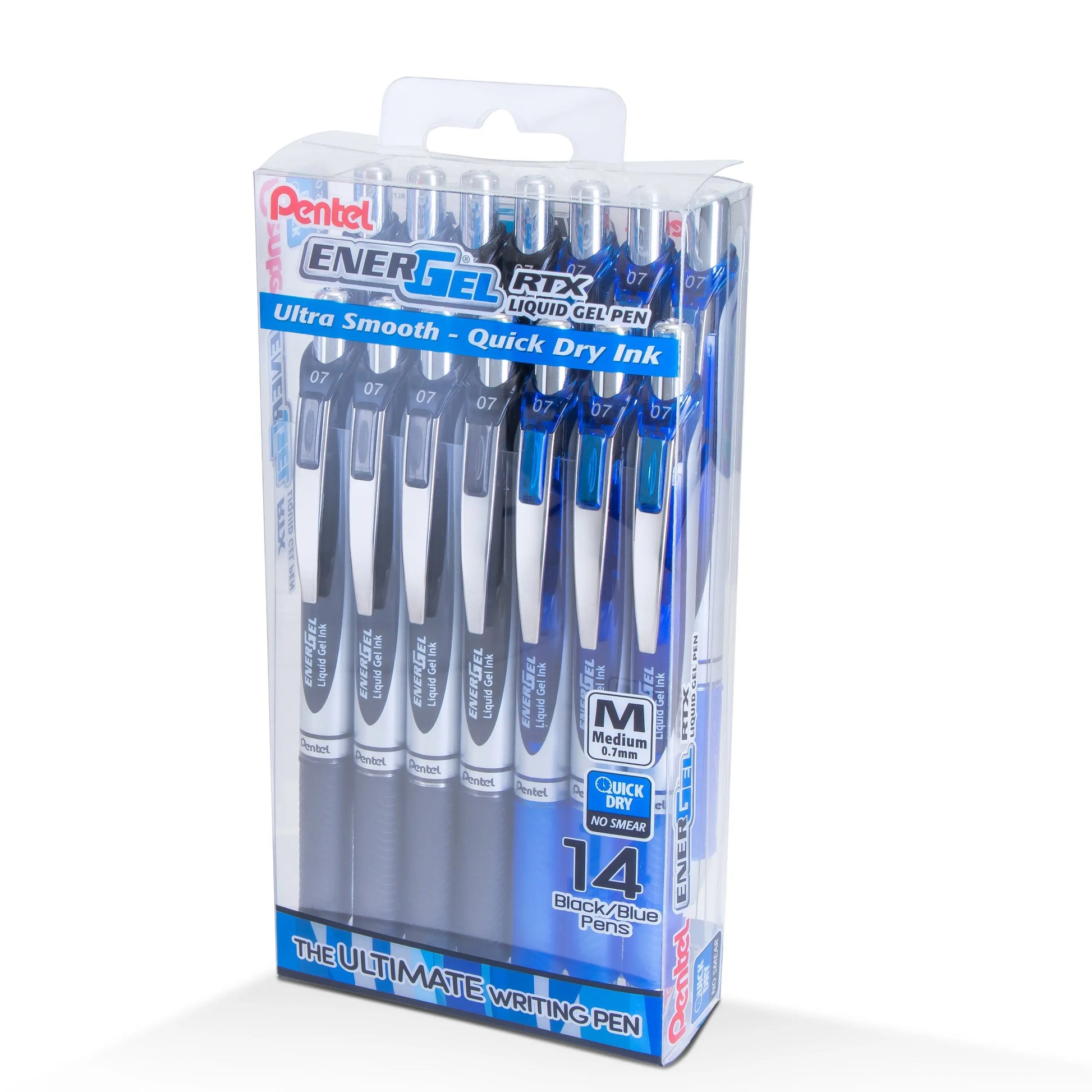 Clear plastic box containing 14 Pentel EnerGel RTX liquid gel pens with 0.7mm medium black and blue ink, designed for smooth, quick-drying writing.