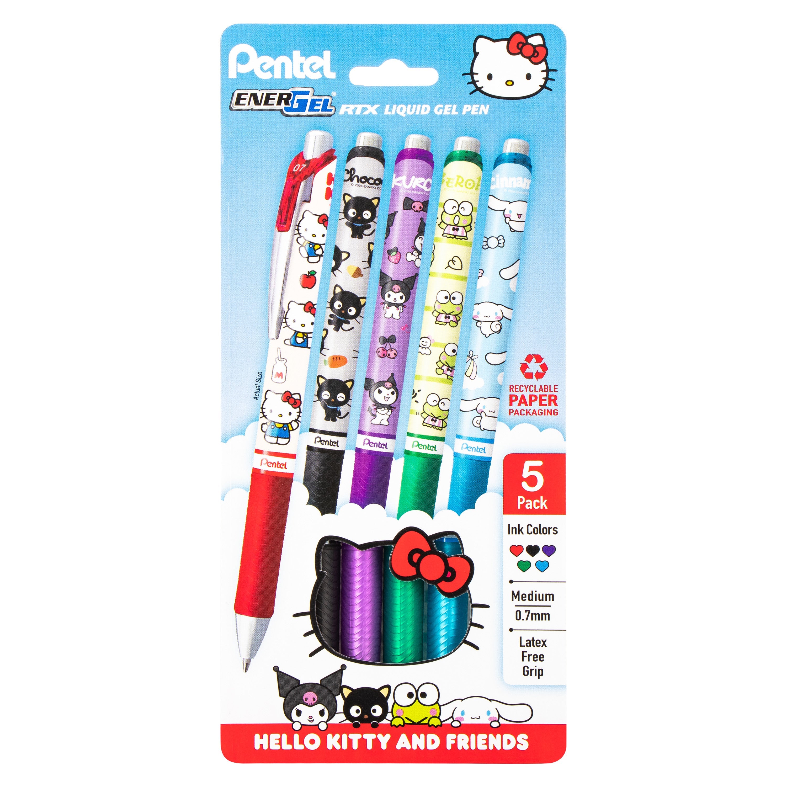 Pentel EnerGel RTX Liquid Gel Pen, Hello Kitty® and Friends, Limited Edition, Mix 1, 0.7mm, Med Line, Assorted Ink, 5-Pk - Pentel of America, Ltd.