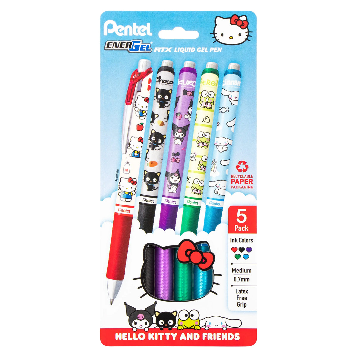 Set of five Pentel EnerGel RTX liquid gel pens featuring Hello Kitty and friends designs, with medium 0.7mm tips, assorted ink colors, and premium writing quality.