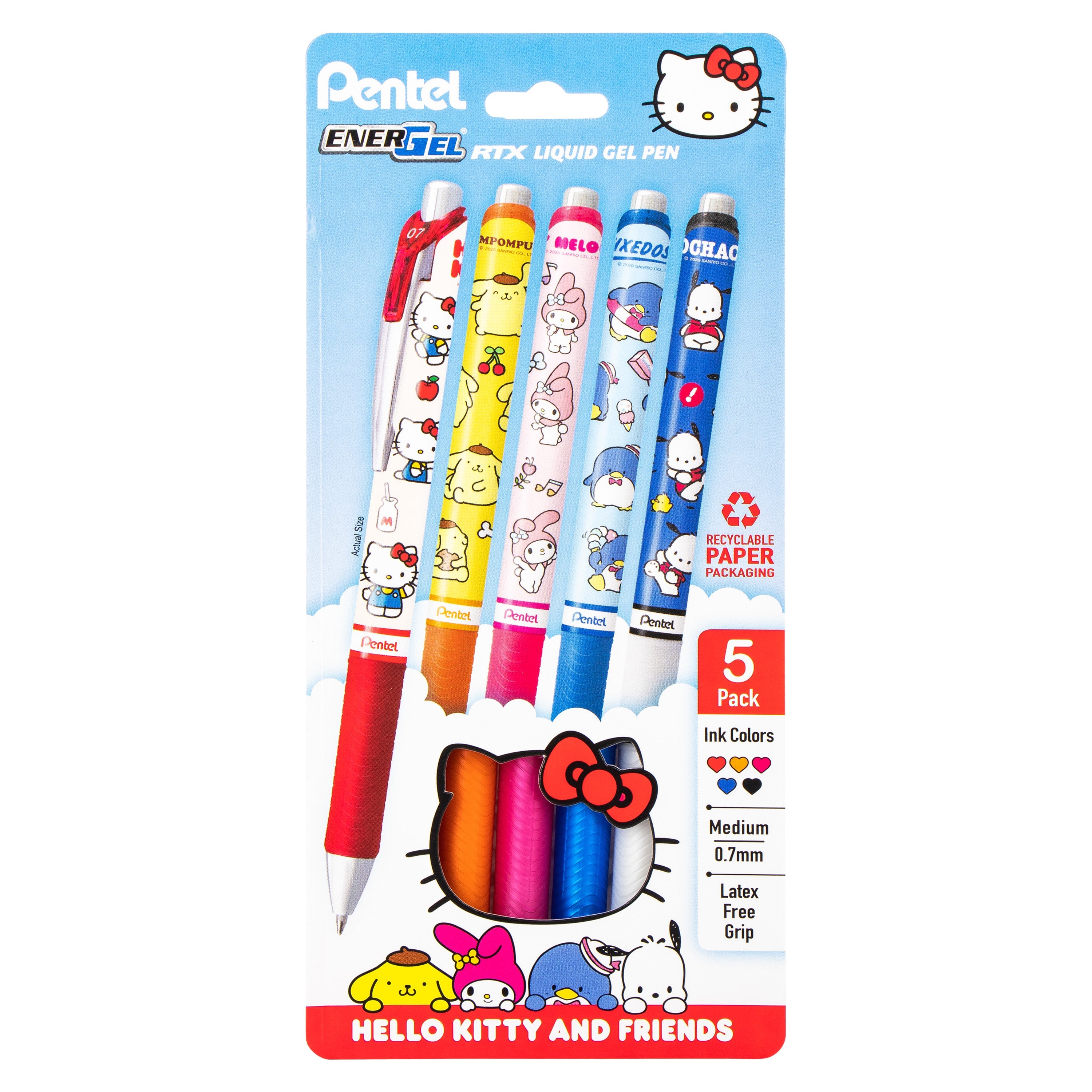 Pentel EnerGel RTX Liquid Gel Pen, Hello Kitty® and Friends, Limited Edition, Mix 2, 0.7mm, Med Line, Assorted Ink , 5-Pk - Pentel of America, Ltd.