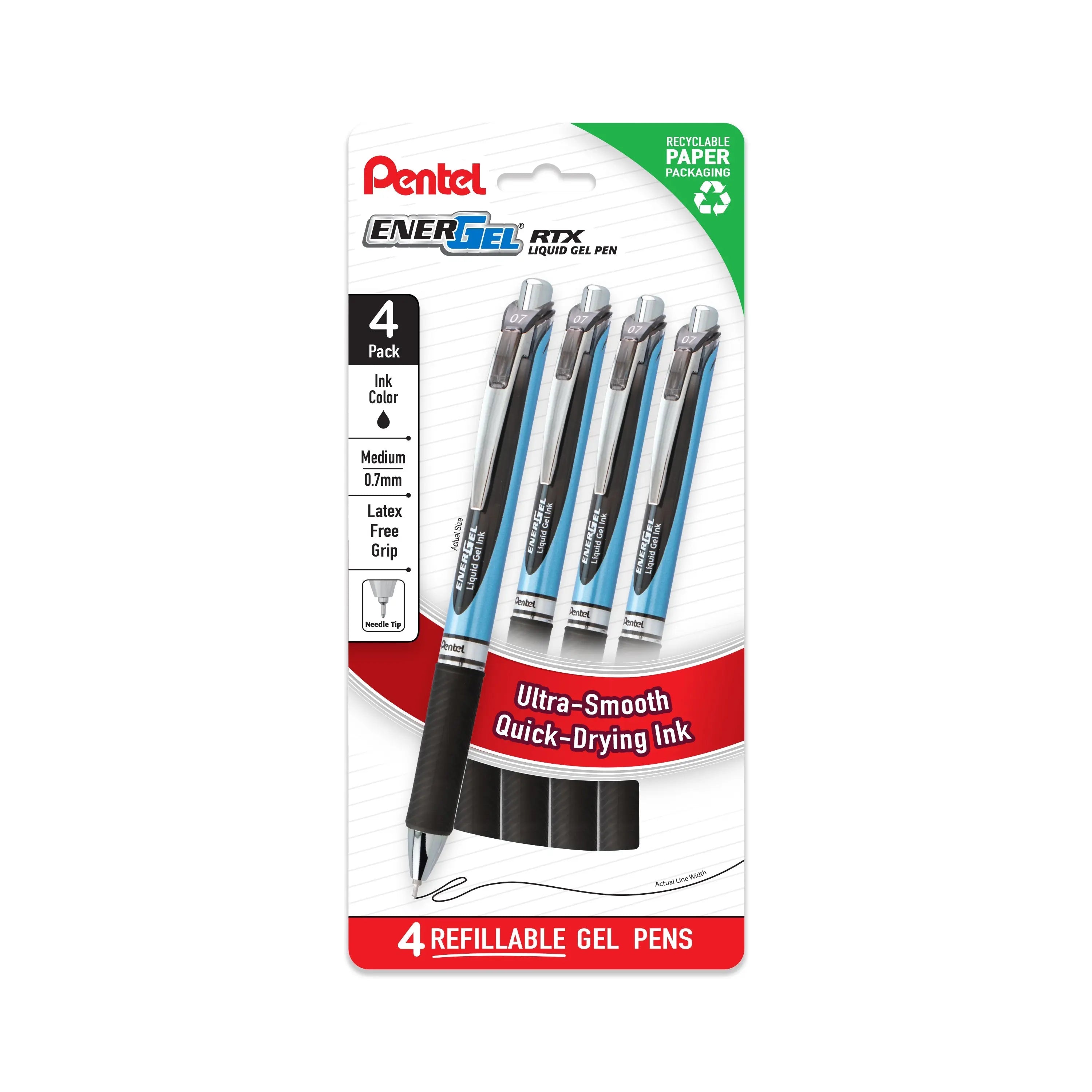 Pentel EnerGel RTX Liquid Gel Pen, Medium (0.7mm), Black Ink, 4 - pk (BLN77PF4A) - Pentel of America, Ltd.