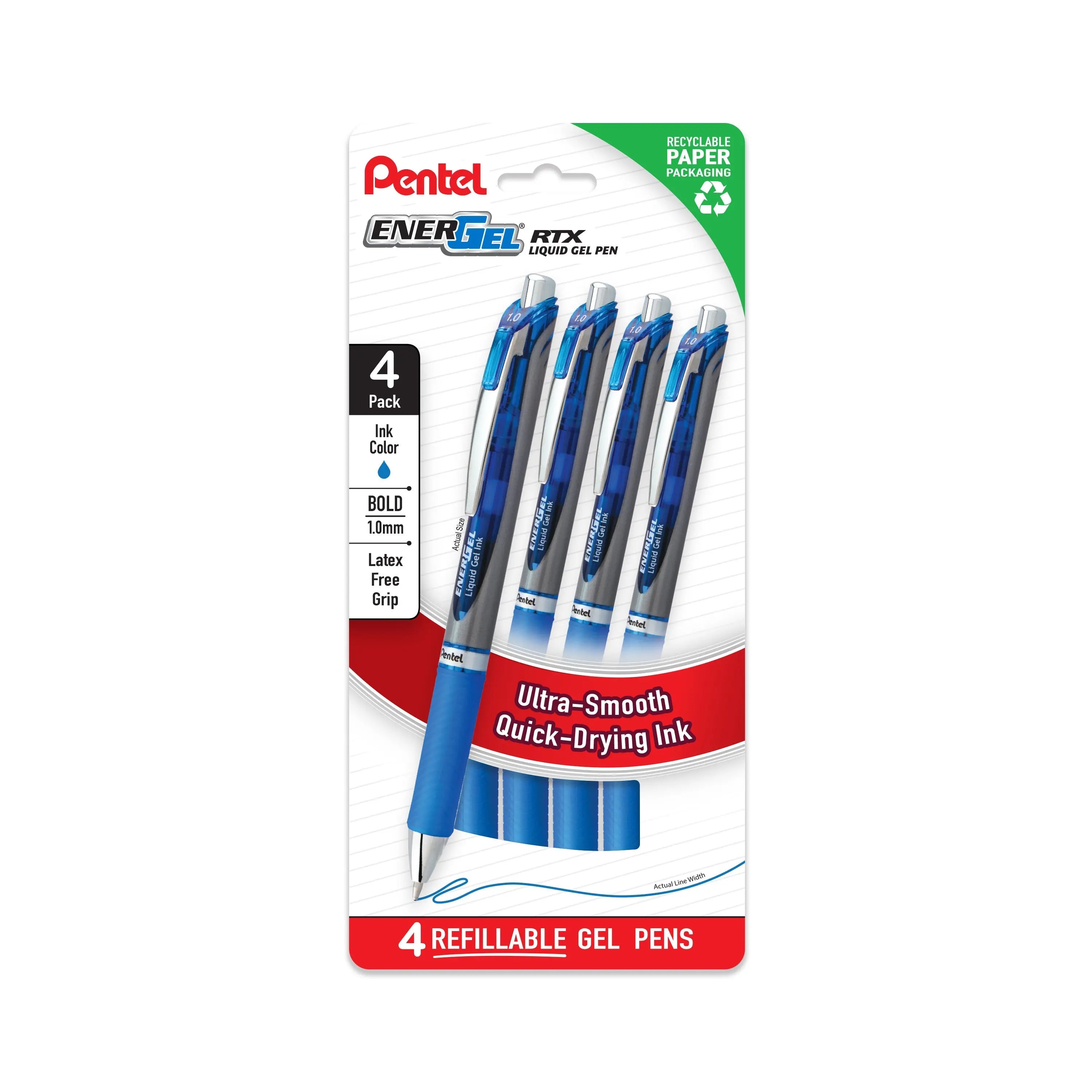 Pentel EnerGel RTX Liquid Gel Pens, Bold (1.0mm), Blue Ink, 4 - pk (BL80PF4C) - Pentel of America, Ltd.