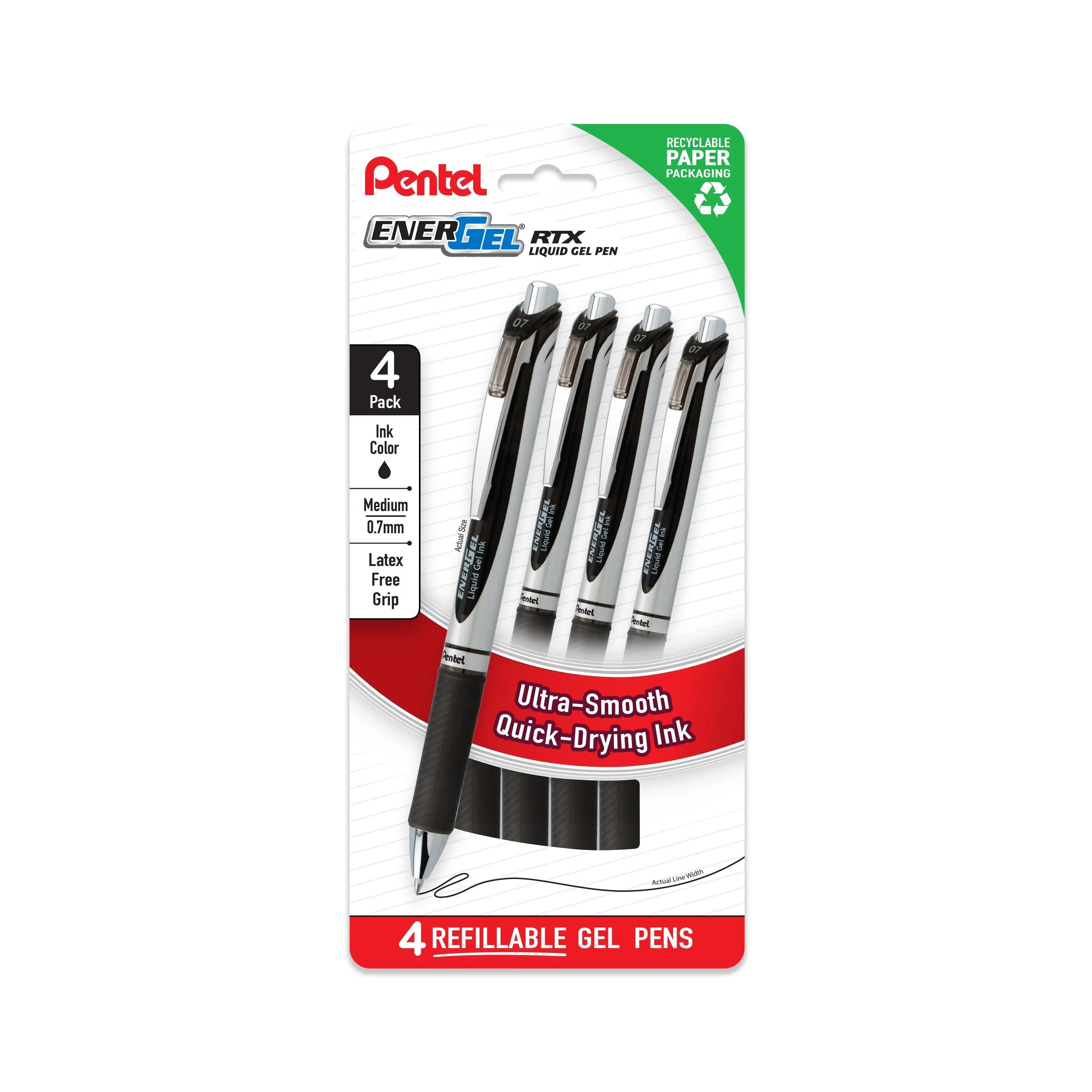 Pentel EnerGel RTX Liquid Gel Pens, Medium (0.7mm), Black Ink, 4 - pk (BL77PF4A) - Pentel of America, Ltd.