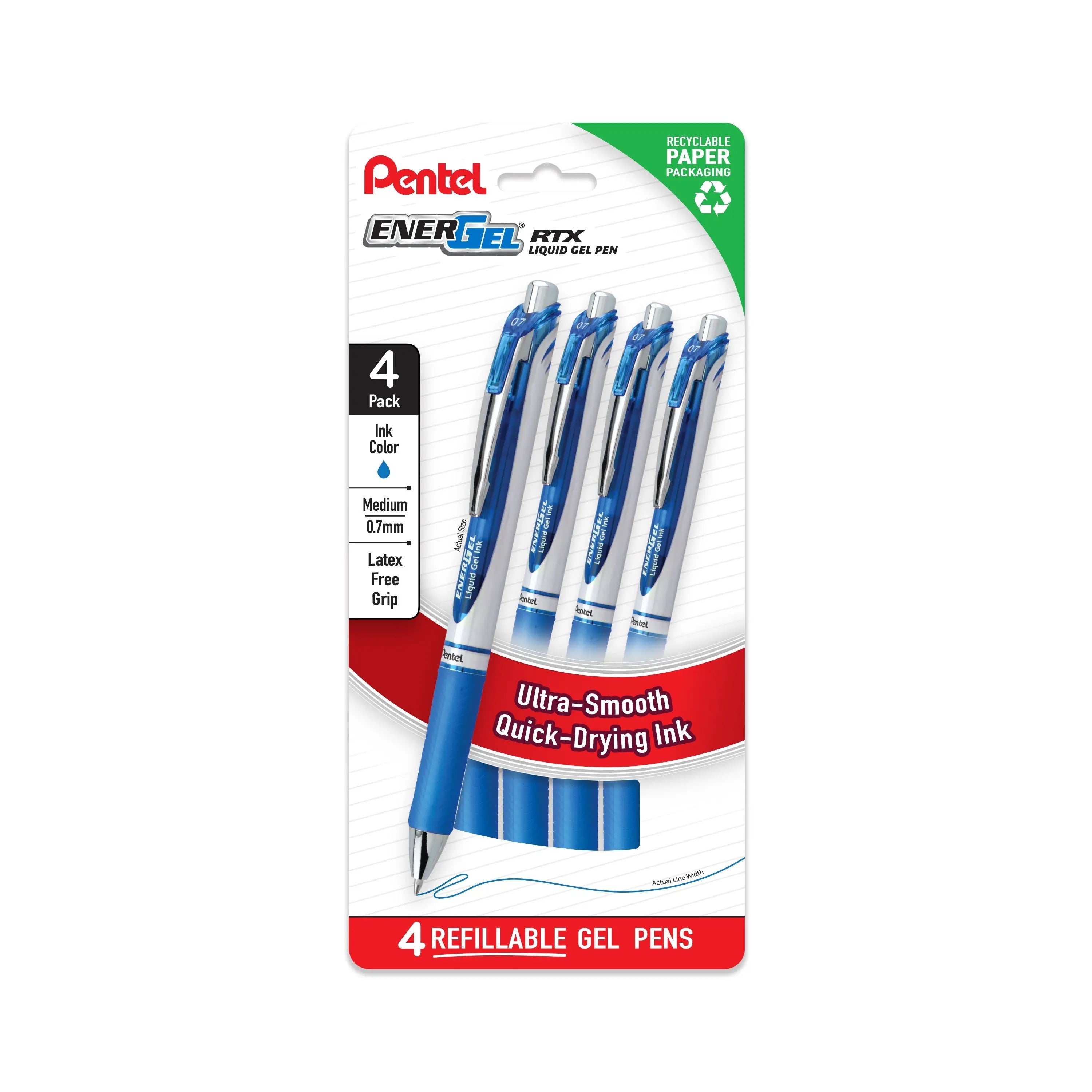 Pentel EnerGel RTX Liquid Gel Pens, Medium (0.7mm), Blue Ink, 4 - pk (BL77PF4C) - Pentel of America, Ltd.