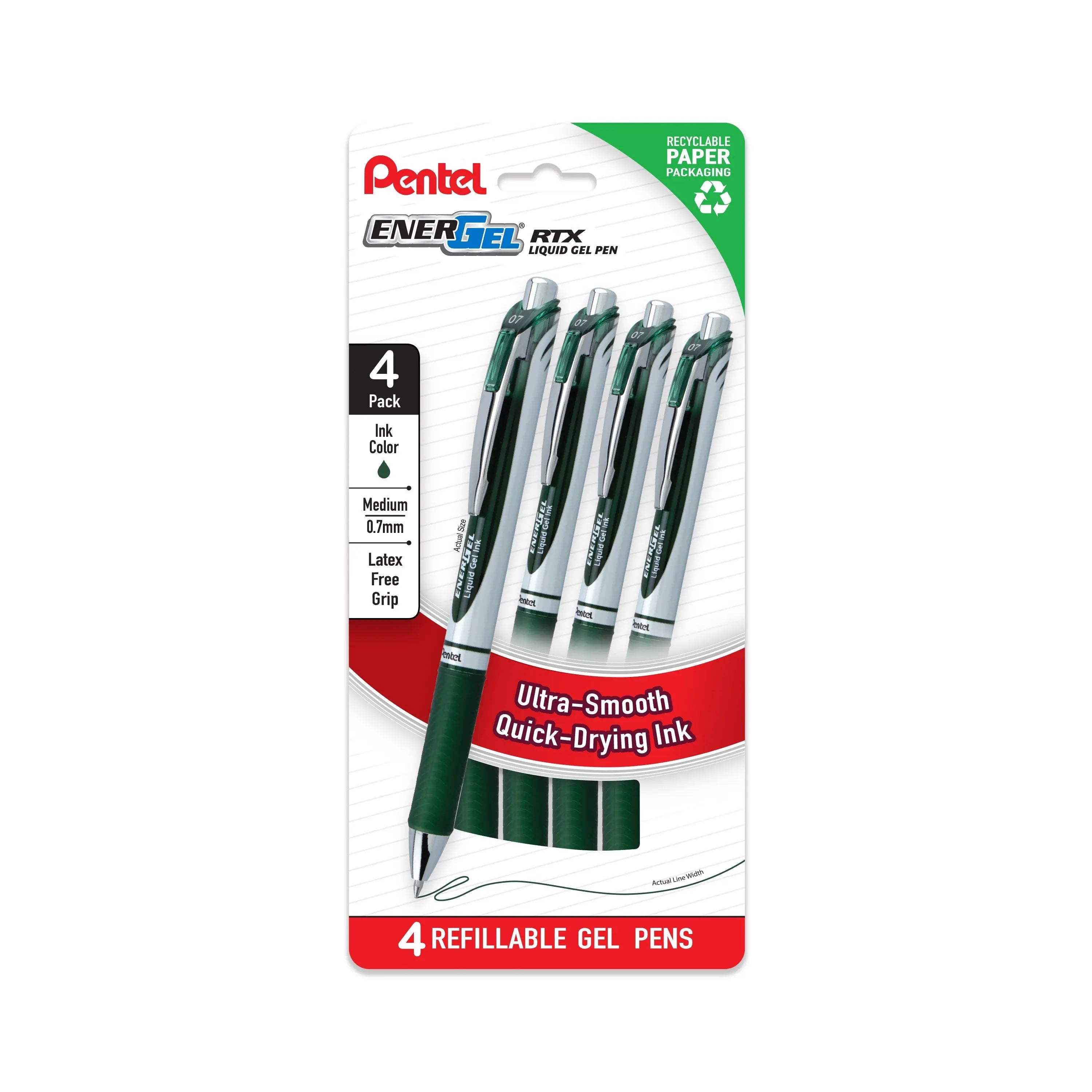 Pentel EnerGel RTX Liquid Gel Pens, Medium (0.7mm), Forest Green Ink, 4 - pk (BL77PF4D3) - Pentel of America, Ltd.