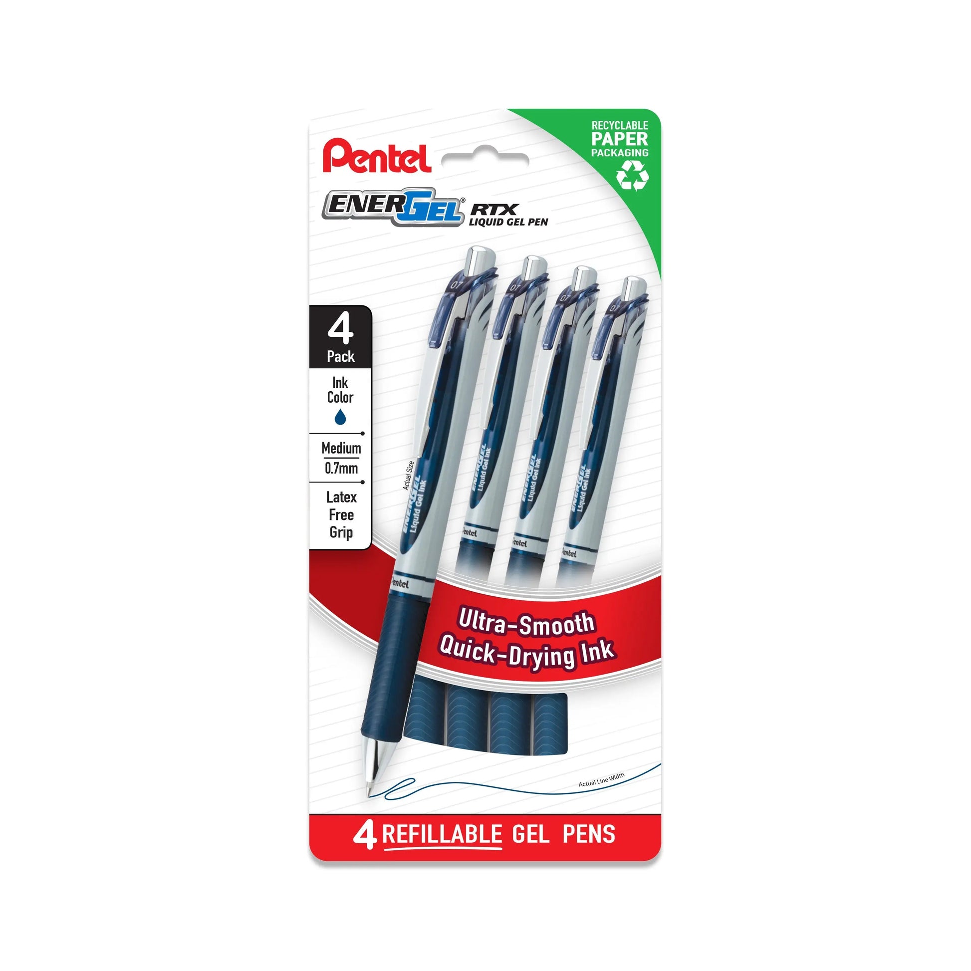 Pentel EnerGel RTX Liquid Gel Pens, Medium (0.7mm), Navy Blue Ink, 4 - pk (BL77PF4CA) - Pentel of America, Ltd.