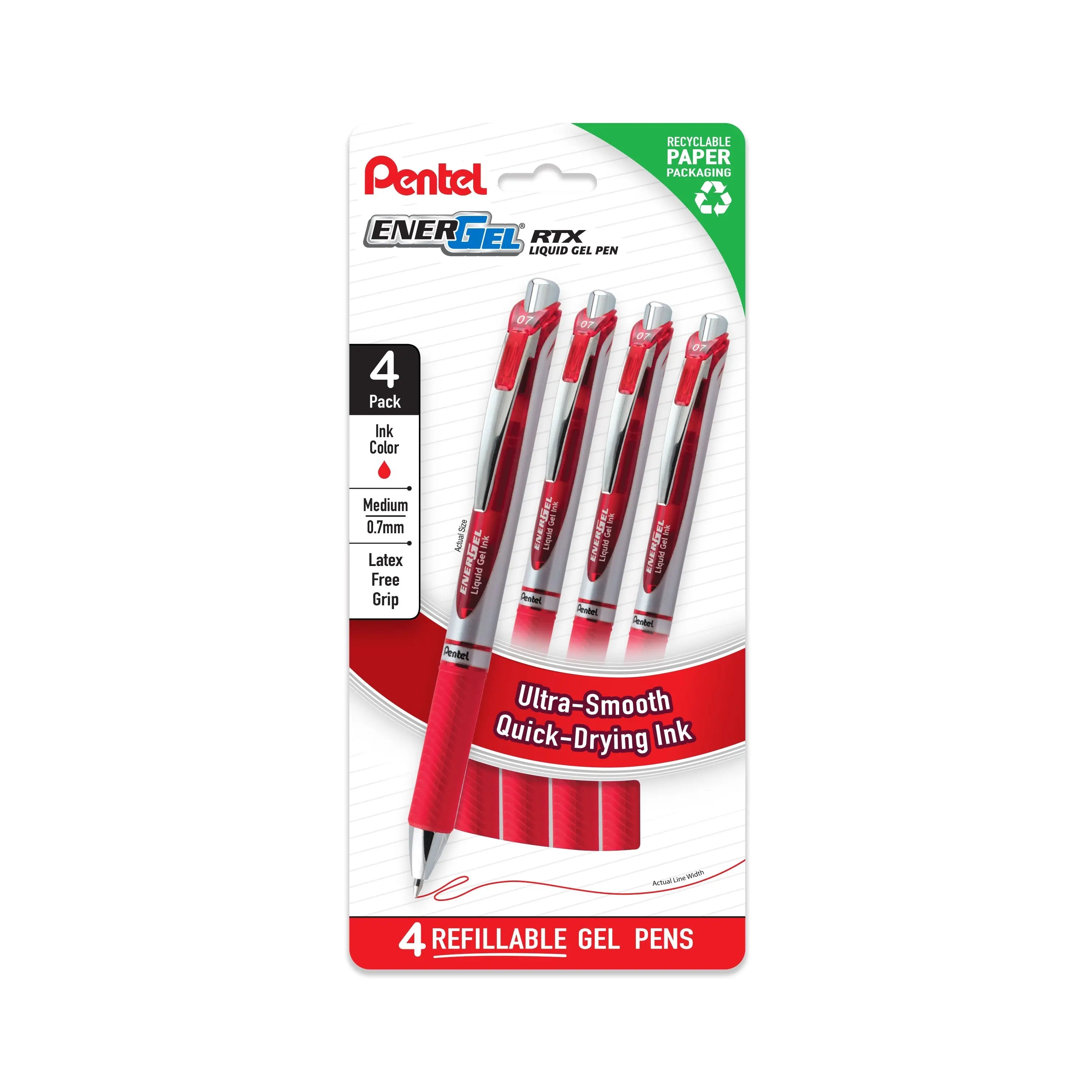 Pentel EnerGel RTX Liquid Gel Pens, Medium (0.7mm), Red Ink, 4 - pk (BL77PF4B) - Pentel of America, Ltd.