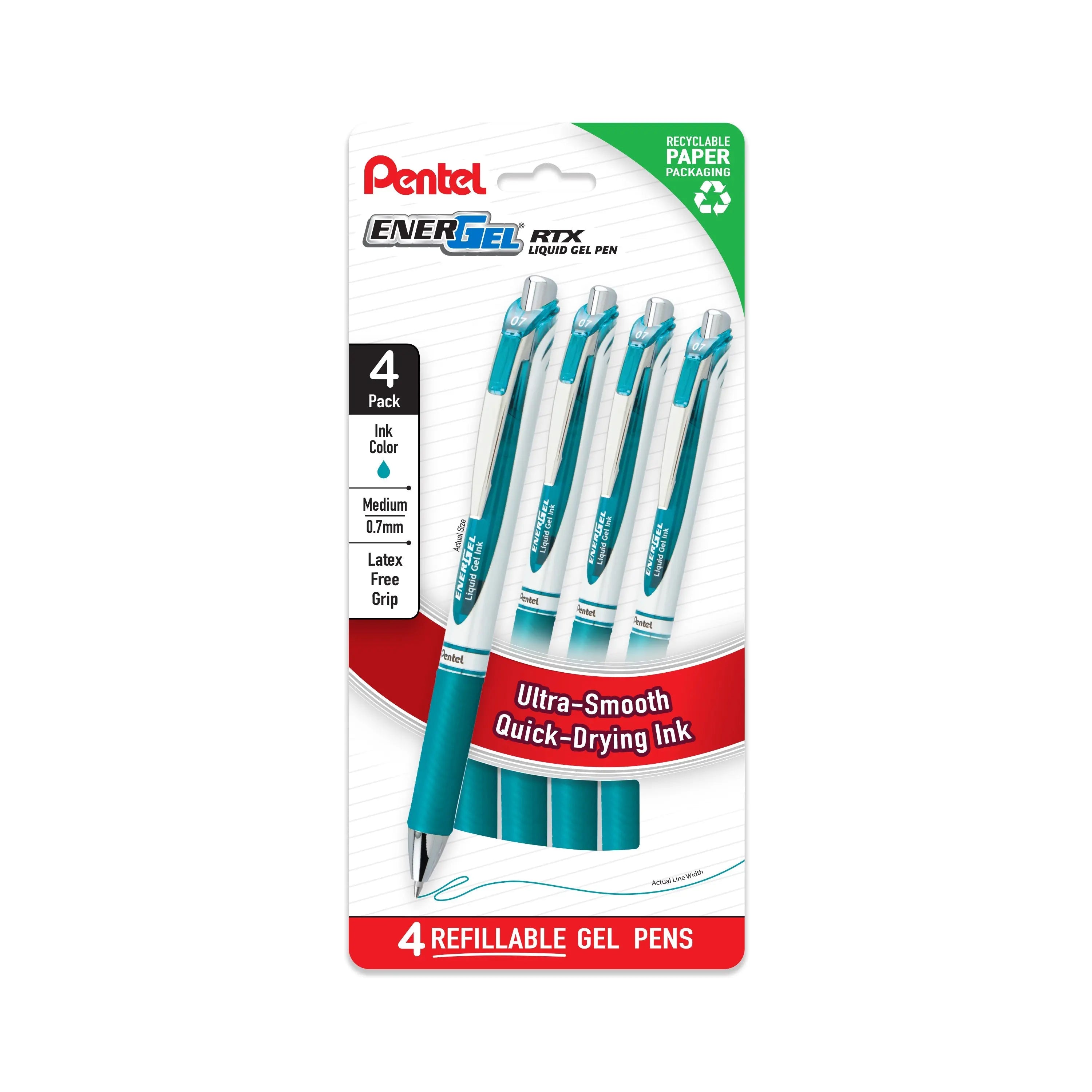 Pentel EnerGel RTX Liquid Gel Pens, Medium (0.7mm), Turquoise, 4 - pk (BL77PF4S3) - Pentel of America, Ltd.