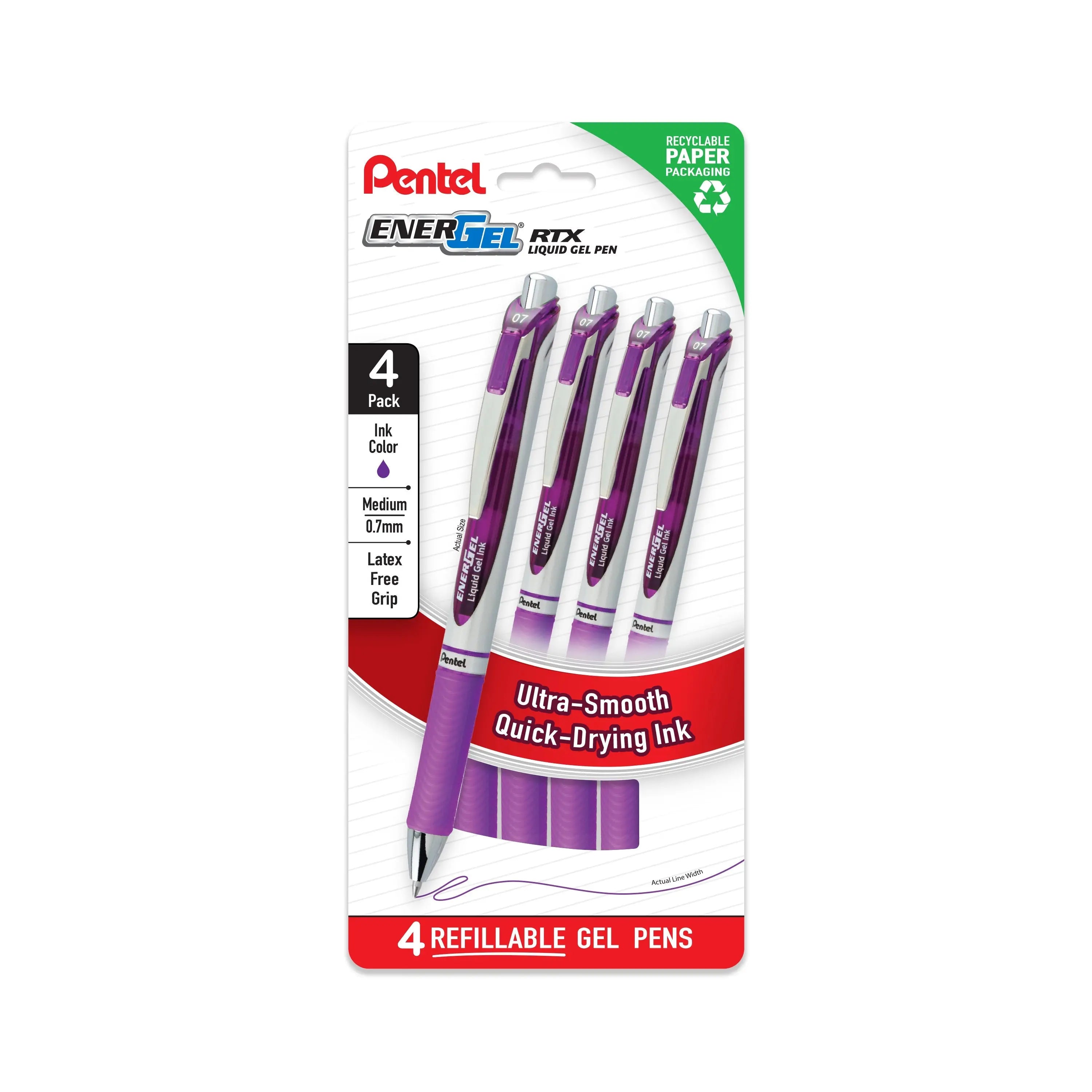 Pentel EnerGel RTX Liquid Gel Pens, Medium (0.7mm), Violet, 4 - pk (BL77PF4V) - Pentel of America, Ltd.