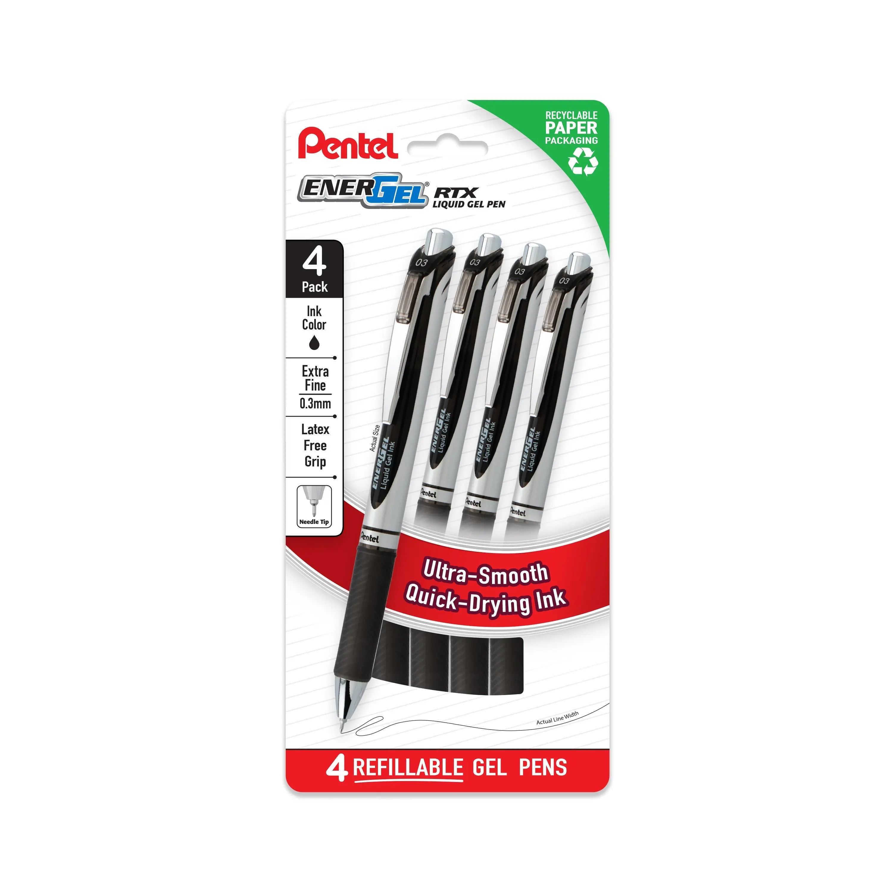 Pentel EnerGel RTX Liquid Gel Pens, Needle Tip, UltraFine (0.3mm), Black Ink, 4 - pk (BLN73PF4A) - Pentel of America, Ltd.