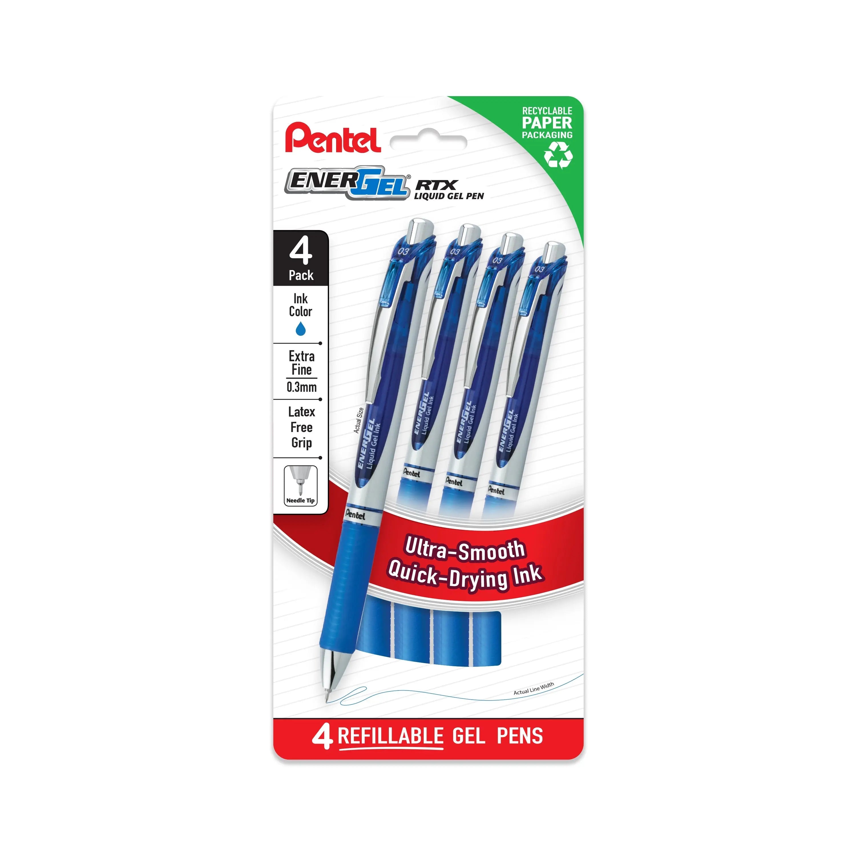 Pentel EnerGel RTX Liquid Gel Pens, Needle Tip, UltraFine (0.3mm), Blue Ink, 4 - pk (BLN73PF4C) - Pentel of America, Ltd.