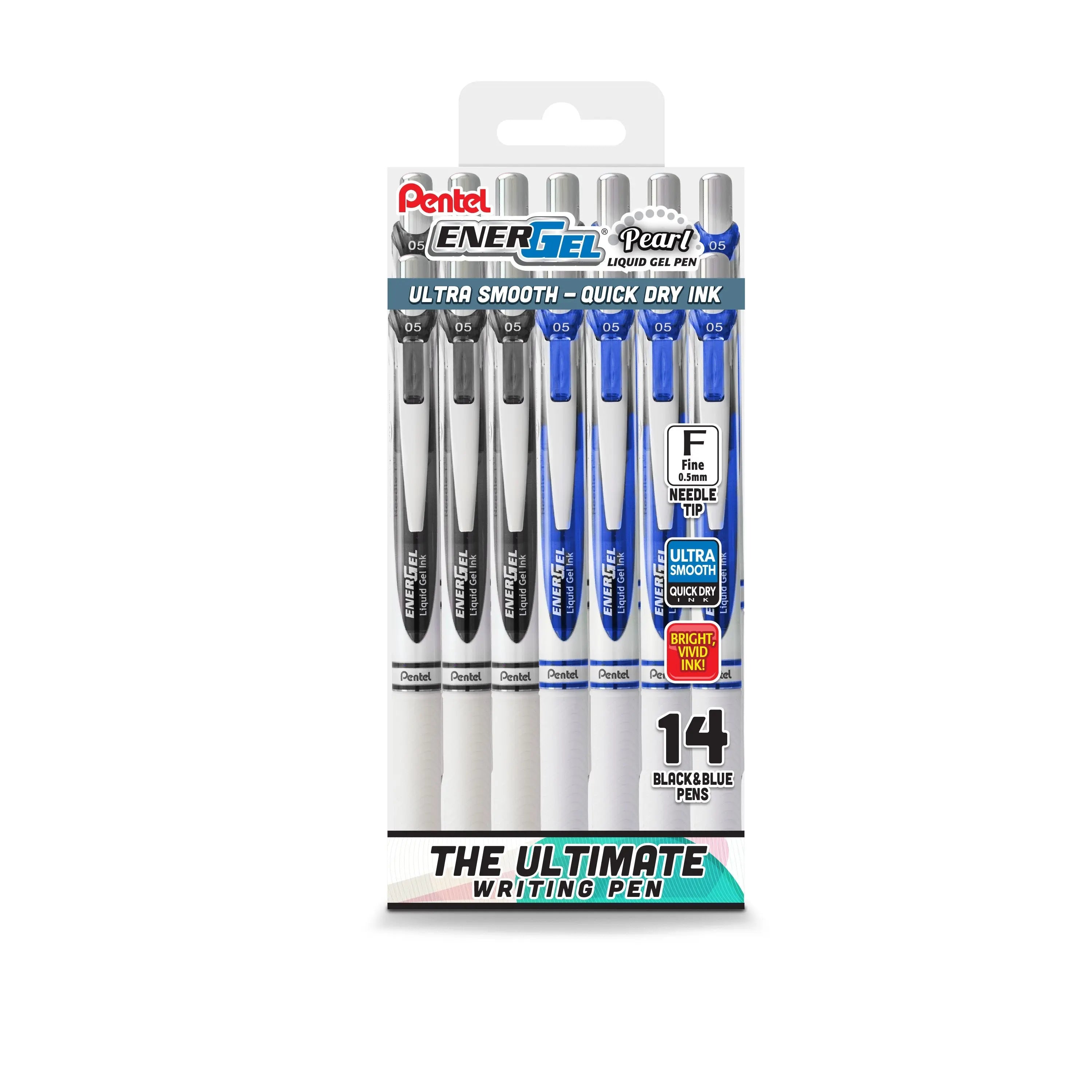 Pentel EnerGel RTX Pearl Liquid Gel Pen, (0.5mm) Needle Tip, Fine Line, Black and Blue Ink, 14 - Pk Plastic Box - Pentel of America, Ltd.