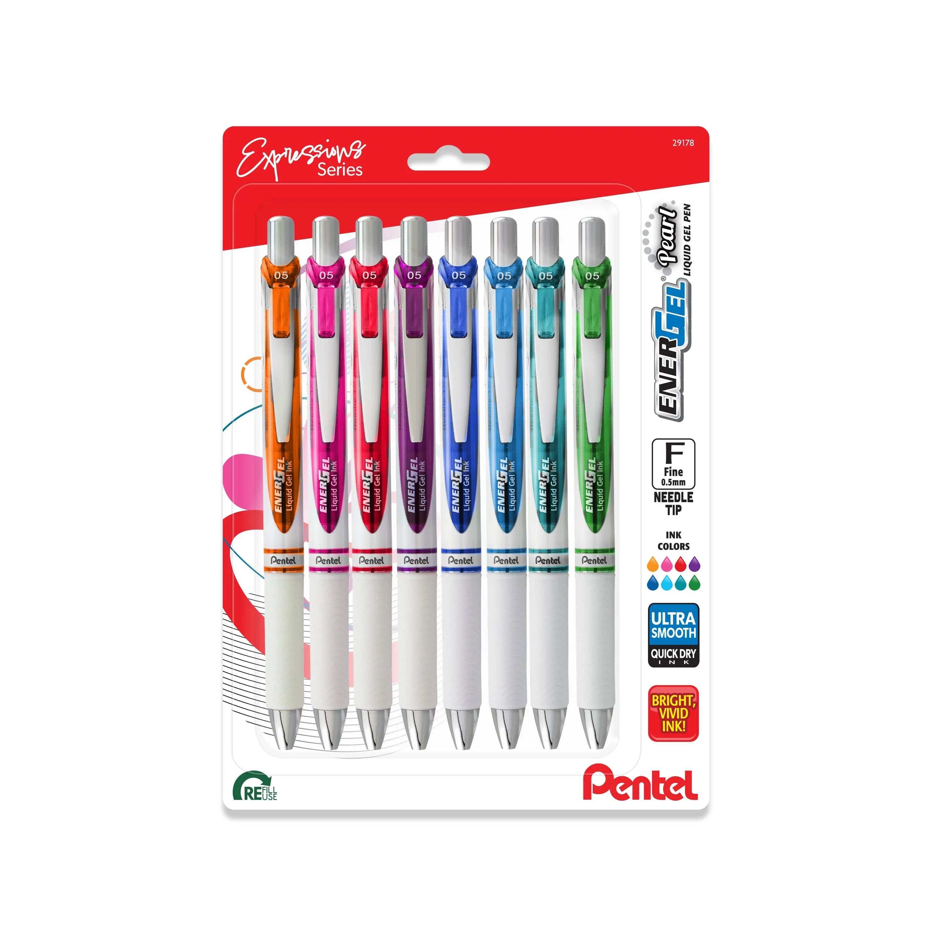 Pentel EnerGel RTX Pearl Liquid Gel Pen, Right Brain Expressions Pack, (0.5mm) Needle Tip, Fine Line, Asstd. Ink, 8 - Pk - Pentel of America, Ltd.