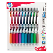 Set of ten Pentel gel pens featuring assorted vibrant ink colors, medium 0.7mm metal tip, retractable design, ideal for smooth, quick-drying writing with premium quality.