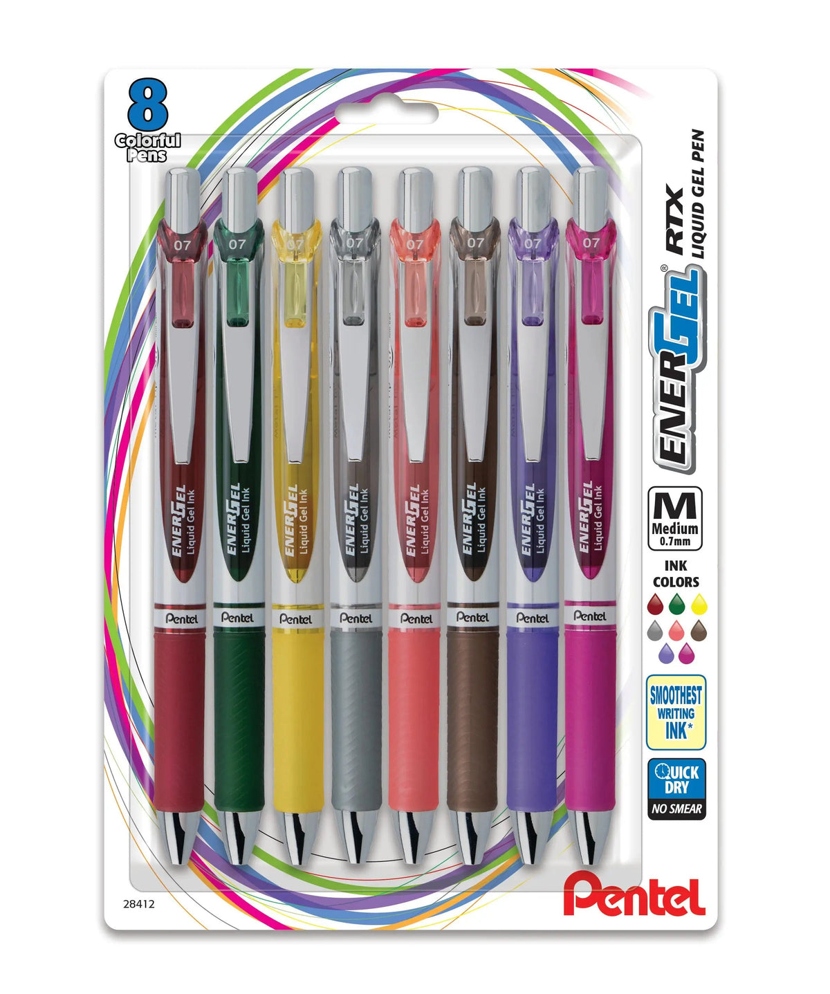 Pentel EnerGel RTX Retractable Liquid Gel Pen, (0.7mm) Medium Line, Metal Tip, Assorted Ink Mix 3, 8-Pk - Pentel of America, Ltd.