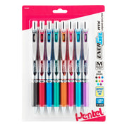 Set of eight retractable Pentel EnerGel RTX gel pens with 0.7mm metal tips, assorted vibrant ink colors, featuring quick-dry, smooth writing performance.