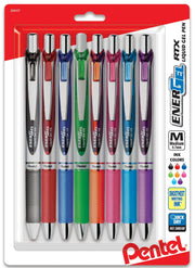Set of eight Pentel EnerGel RTX retractable gel pens with metal tips, medium 0.7mm line, assorted ink colors, designed for smooth and quick-drying writing.