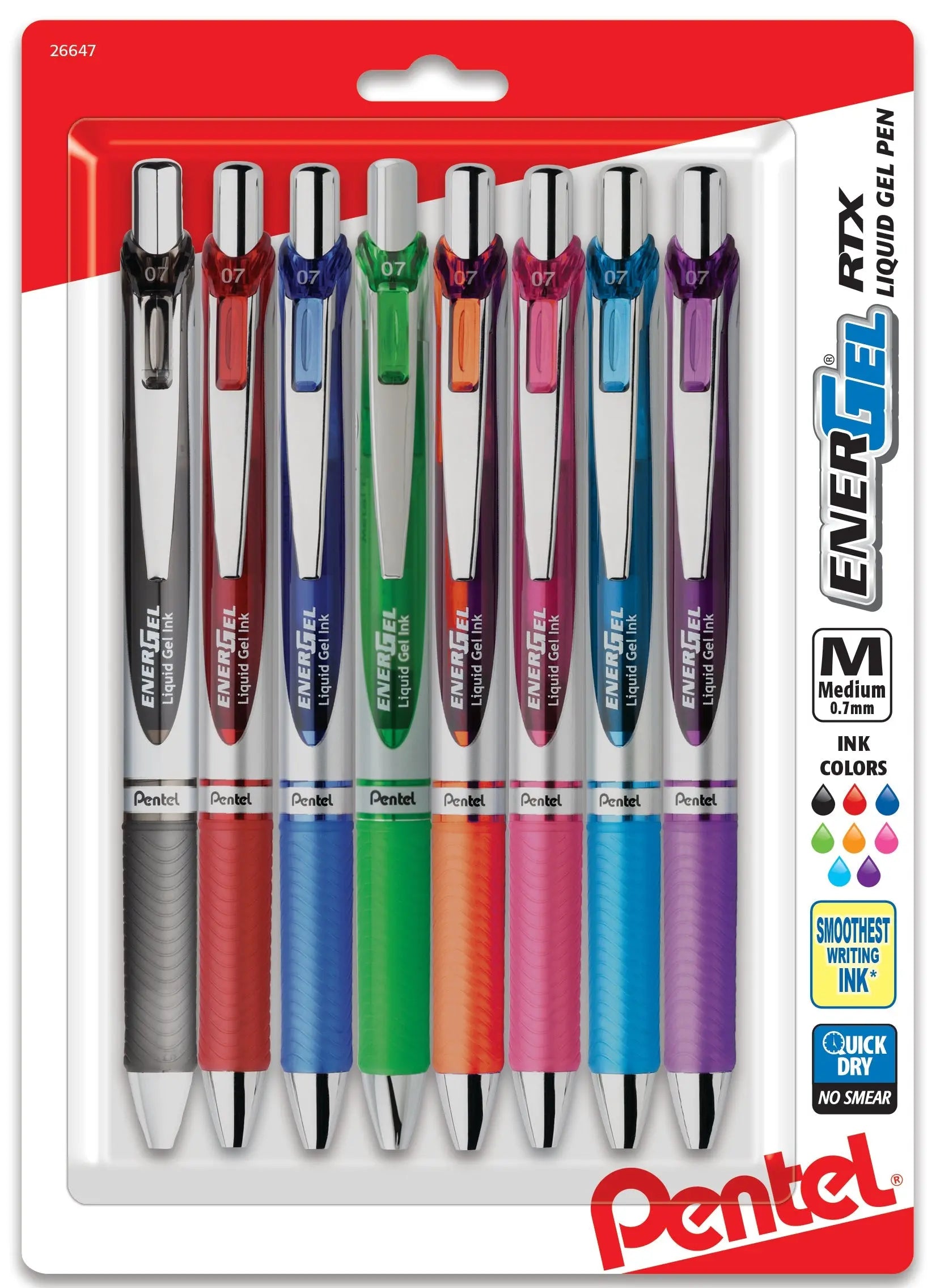 Set of eight Pentel EnerGel RTX retractable gel pens with metal tips, medium 0.7mm line, assorted ink colors, designed for smooth and quick-drying writing.