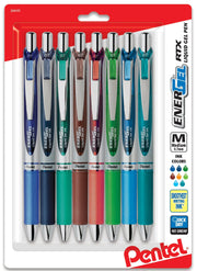 Set of eight Pentel EnerGel RTX gel pens featuring metal tips, assorted vibrant ink colors, medium 0.7mm line, smooth quick-dry ink for premium writing comfort.