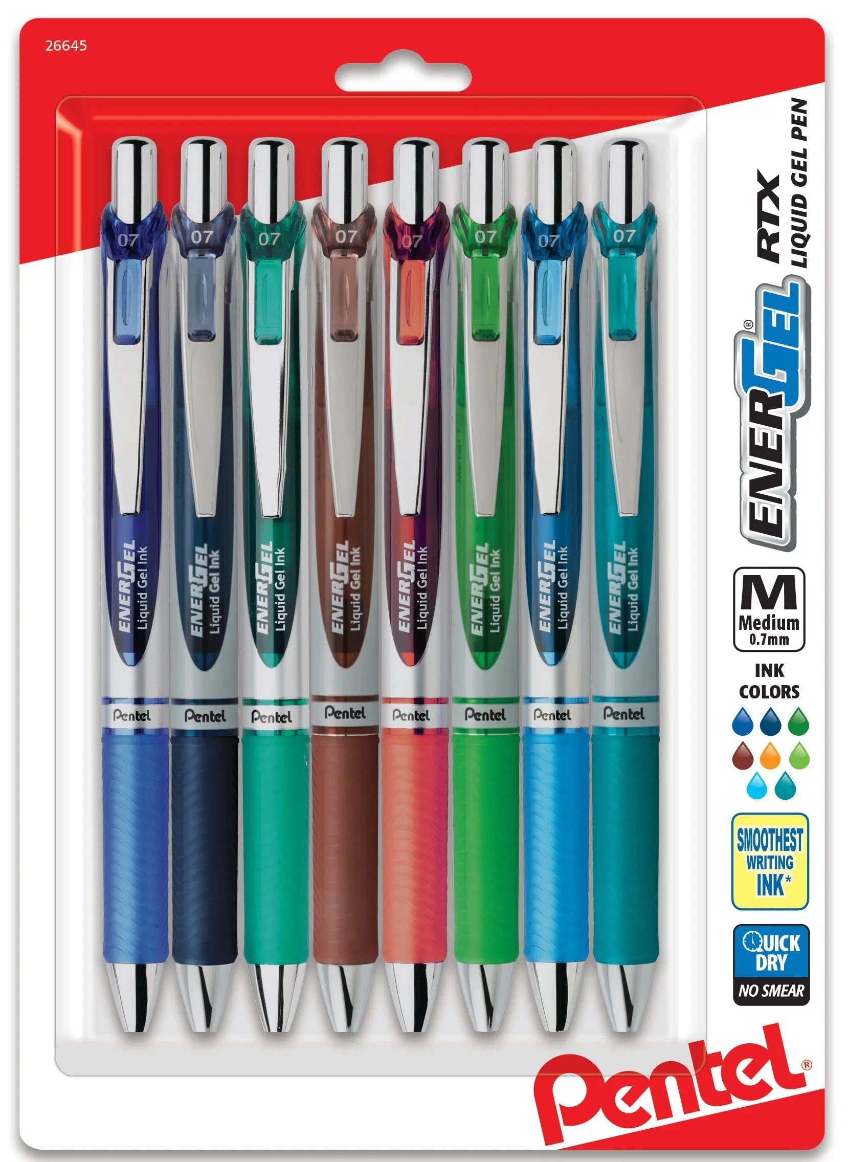 Set of eight Pentel EnerGel RTX gel pens featuring metal tips, assorted vibrant ink colors, medium 0.7mm line, smooth quick-dry ink for premium writing comfort.