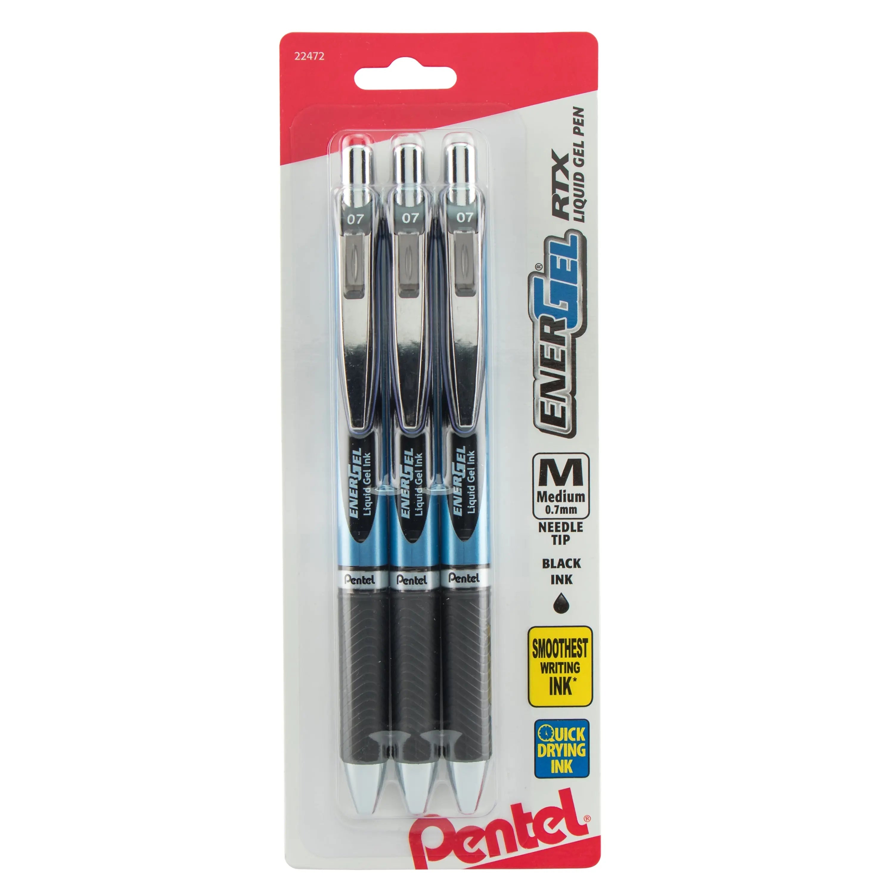 Pentel EnerGel RTX Retractable Liquid Gel Pen, (0.7mm) Needle Tip, Medium Line, Black Ink, 3-Pk - Pentel of America, Ltd.