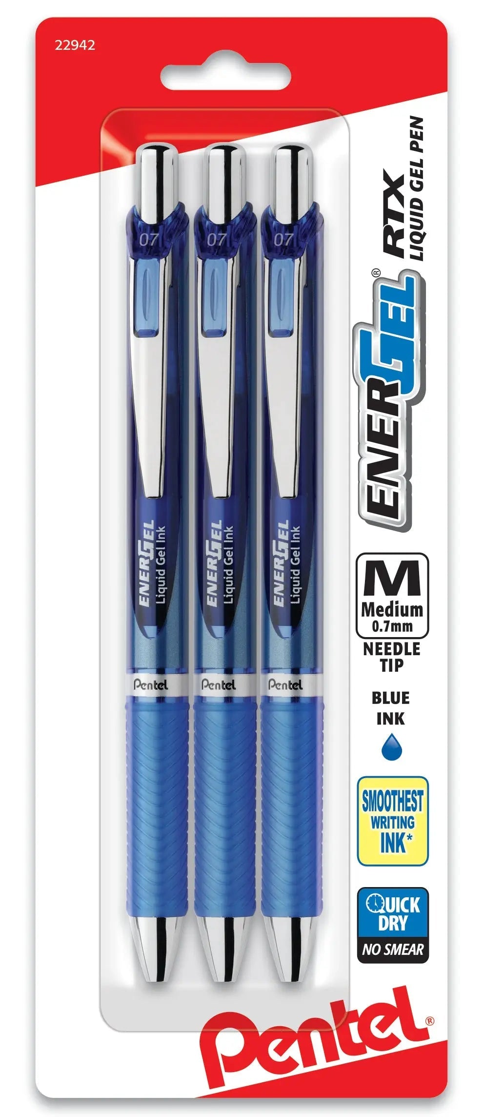 Pentel EnerGel RTX Retractable Liquid Gel Pen, (0.7mm) Needle Tip, Medium Line, Blue Ink, 3-Pk - Pentel of America, Ltd.