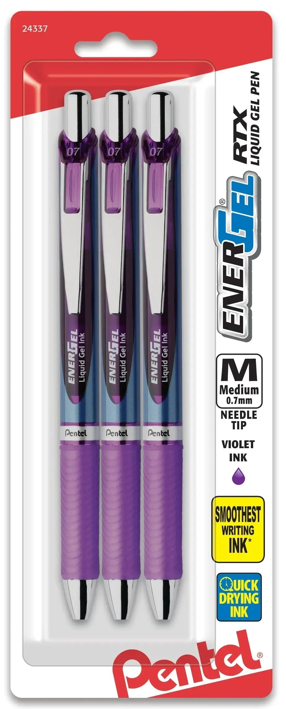 Pentel EnerGel RTX Retractable Liquid Gel Pen, (0.7mm) Needle Tip, Medium Line, Violet Ink, 3-Pk - Pentel of America, Ltd.