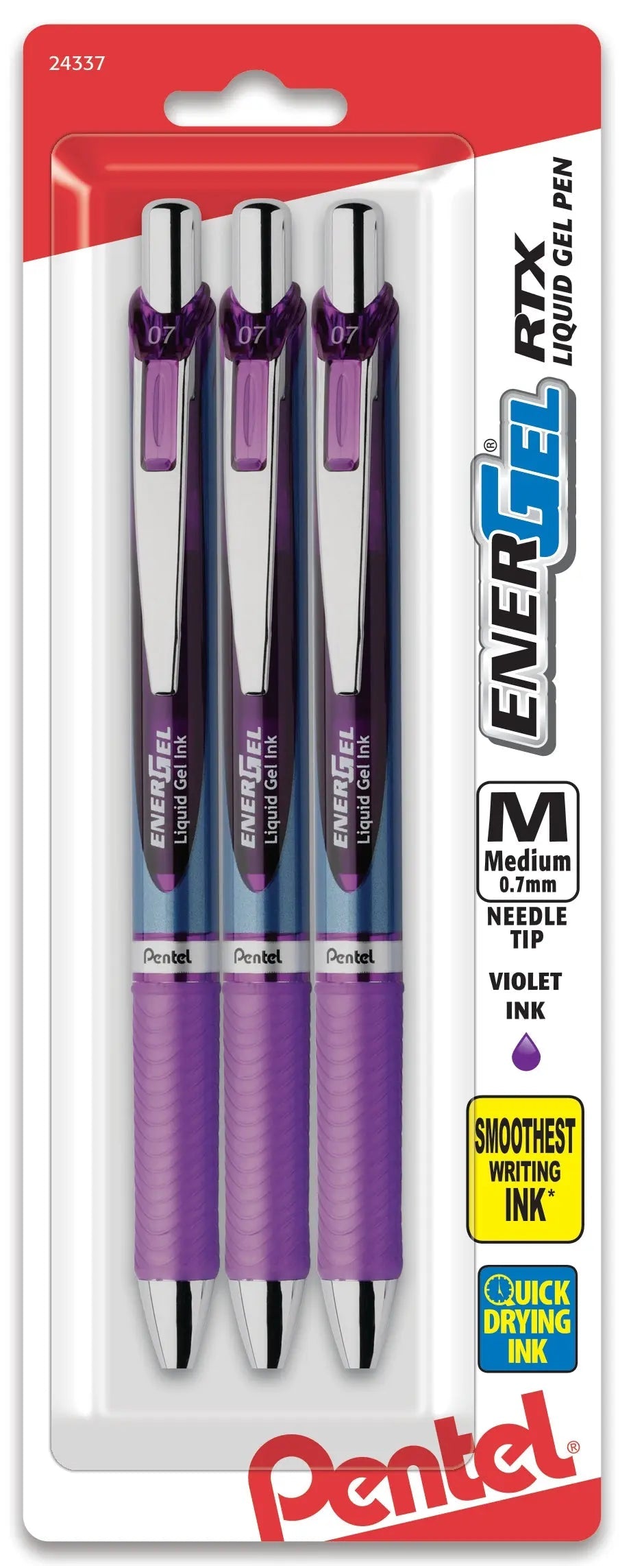 Pentel EnerGel RTX Retractable Liquid Gel Pen, (0.7mm) Needle Tip, Medium Line, Violet Ink, 3-Pk - Pentel of America, Ltd.