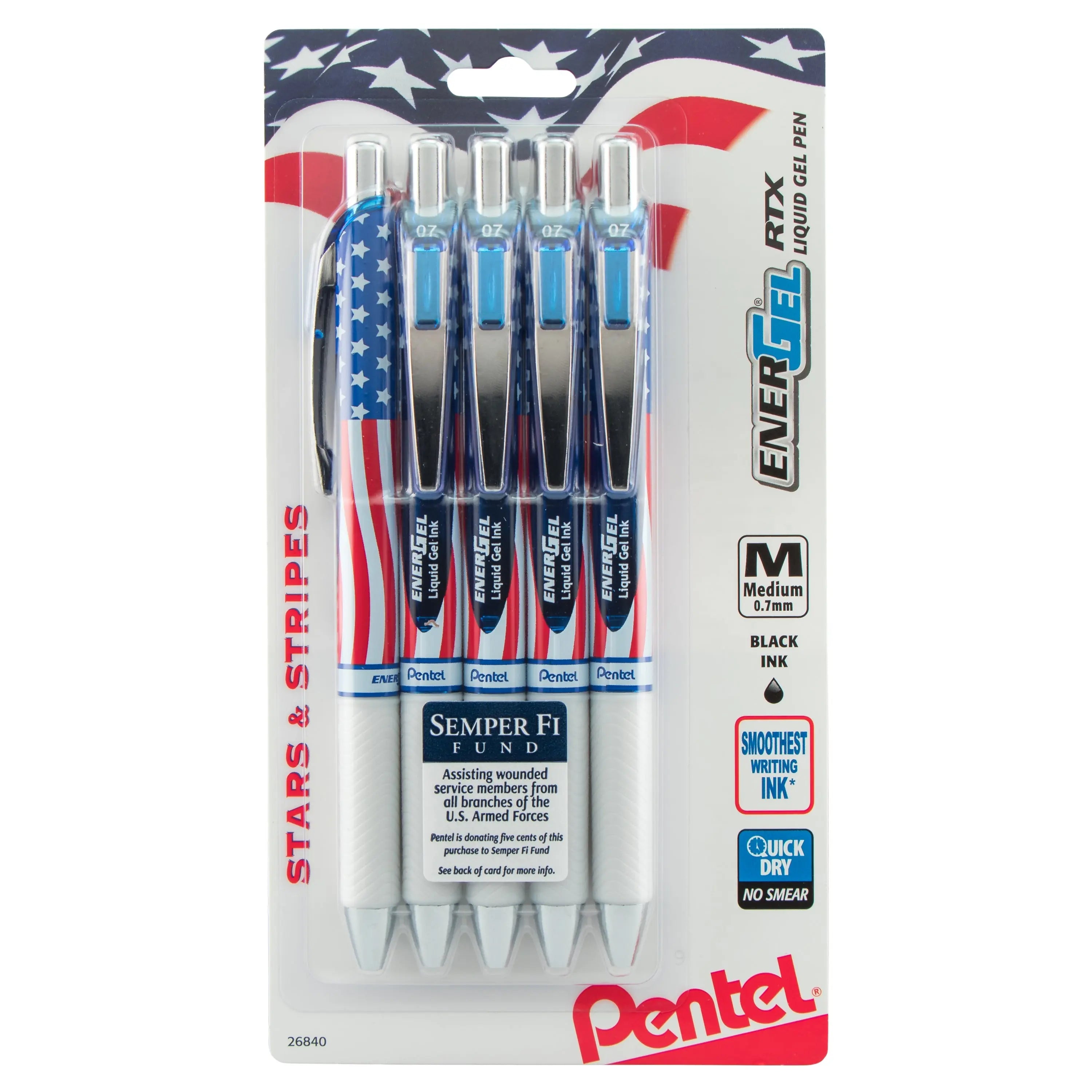 Pentel EnerGel RTX, Stars & Stripes Liquid Gel Pens, 0.7mm, Black ink, 5 pack - Pentel of America, Ltd.