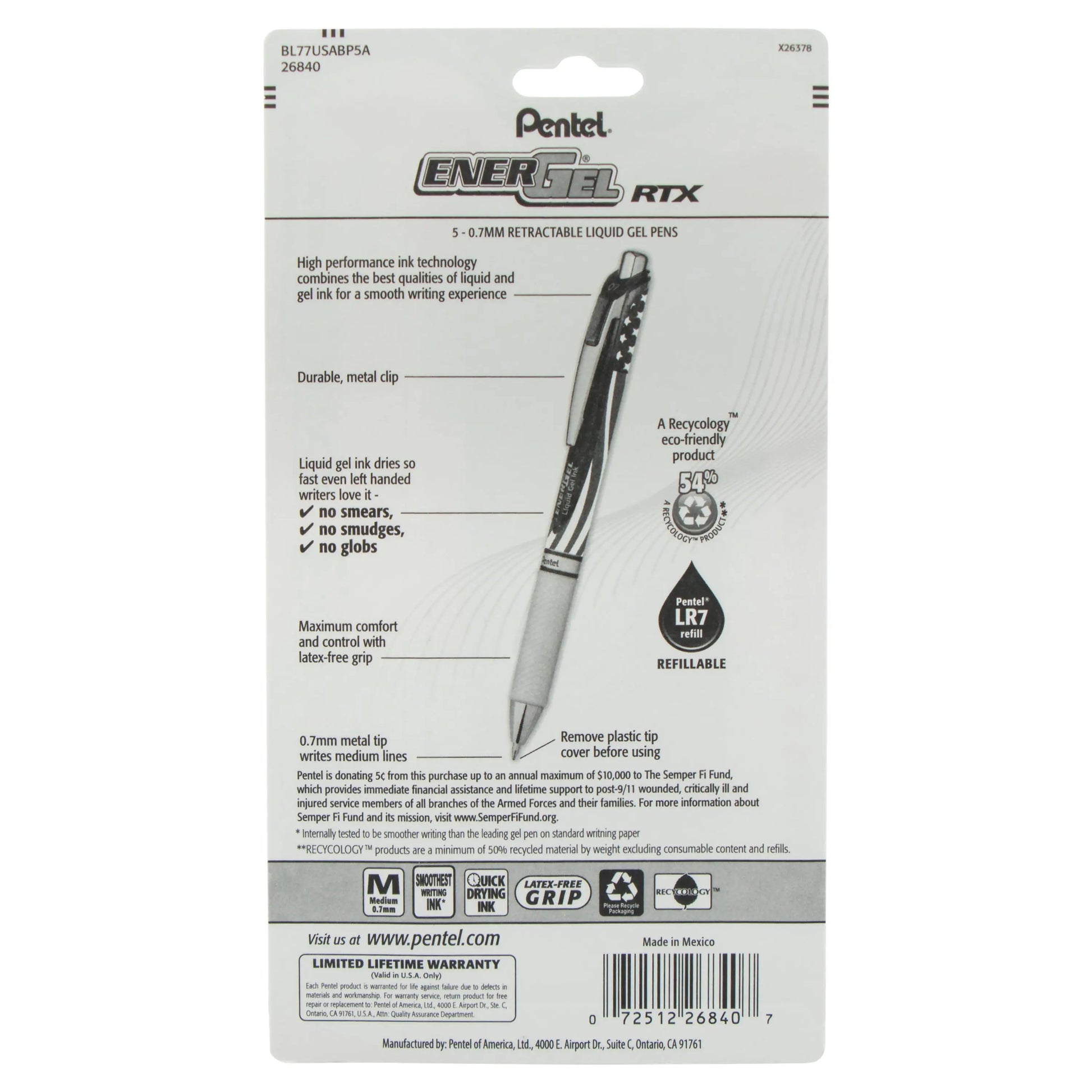 Back packaging of Pentel EnerGel RTX liquid gel pen 0.7mm black ink highlighting retractable tip, metal clip, quick drying ink, latex-free grip, and refillable design with limited lifetime warranty.