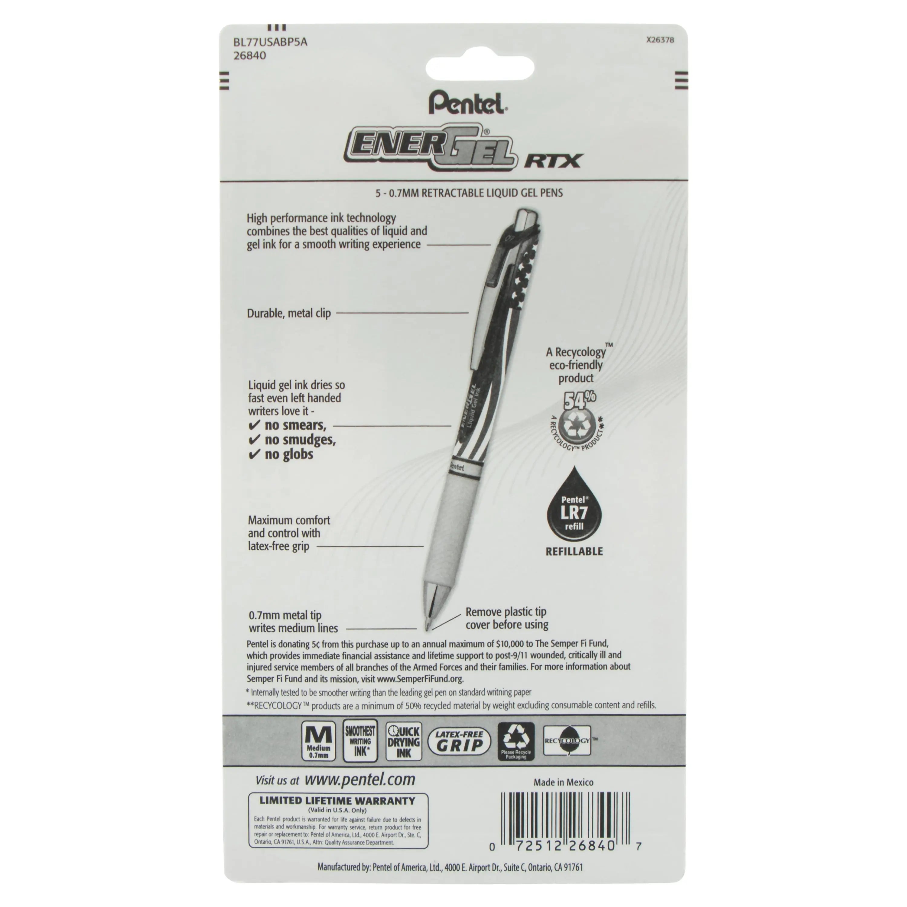 Pentel EnerGel RTX, Stars & Stripes Liquid Gel Pens, 0.7mm, Black ink, 5 pack - Pentel of America, Ltd.
