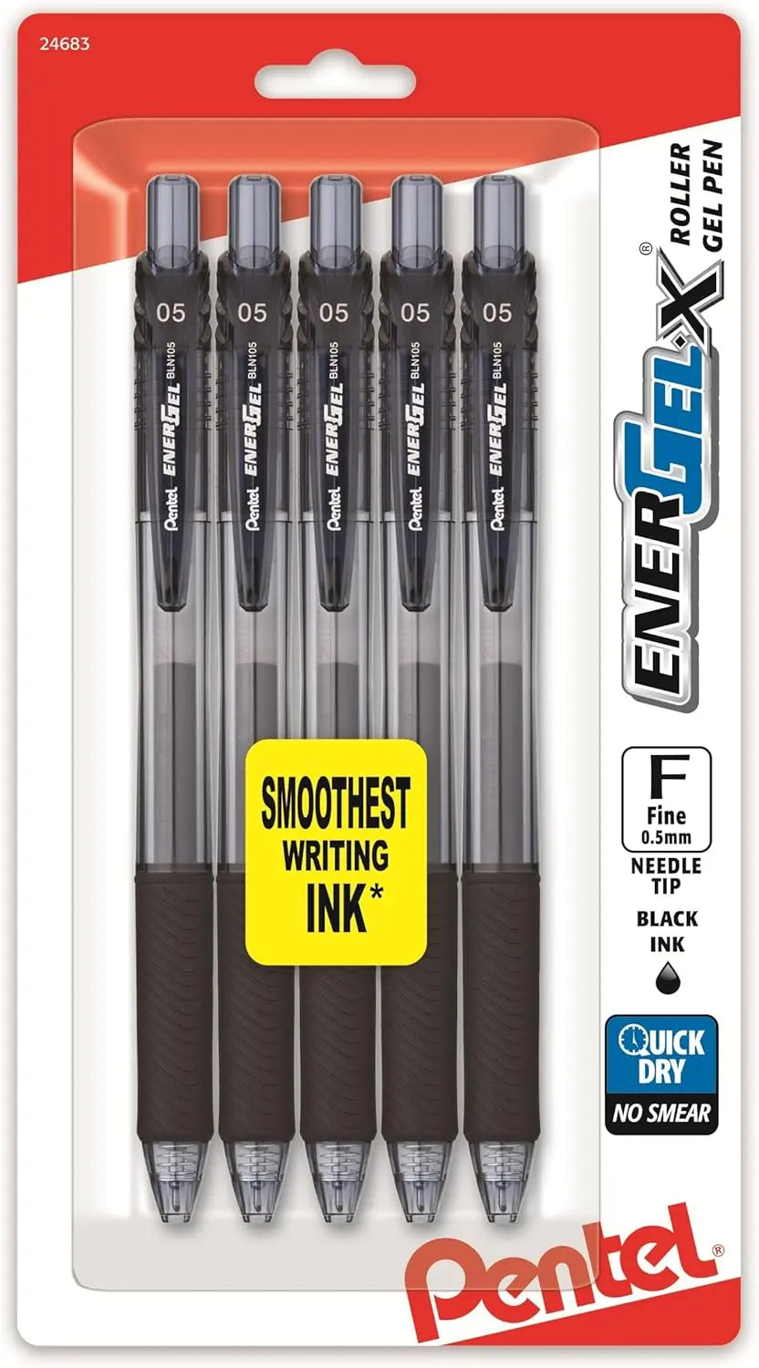 Pentel EnerGel - X Retractable Liquid Gel Pen, 0.5mm, Fine Line, Needle Tip, Black Ink, 5 Pack (BLN105BPS5A) - Pentel of America, Ltd.