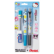 Limited edition Pentel mechanical pencils with Hello Kitty and Friends designs, featuring 0.7mm lead, refill lead, and small block eraser, premium writing tools with a limited lifetime warranty.