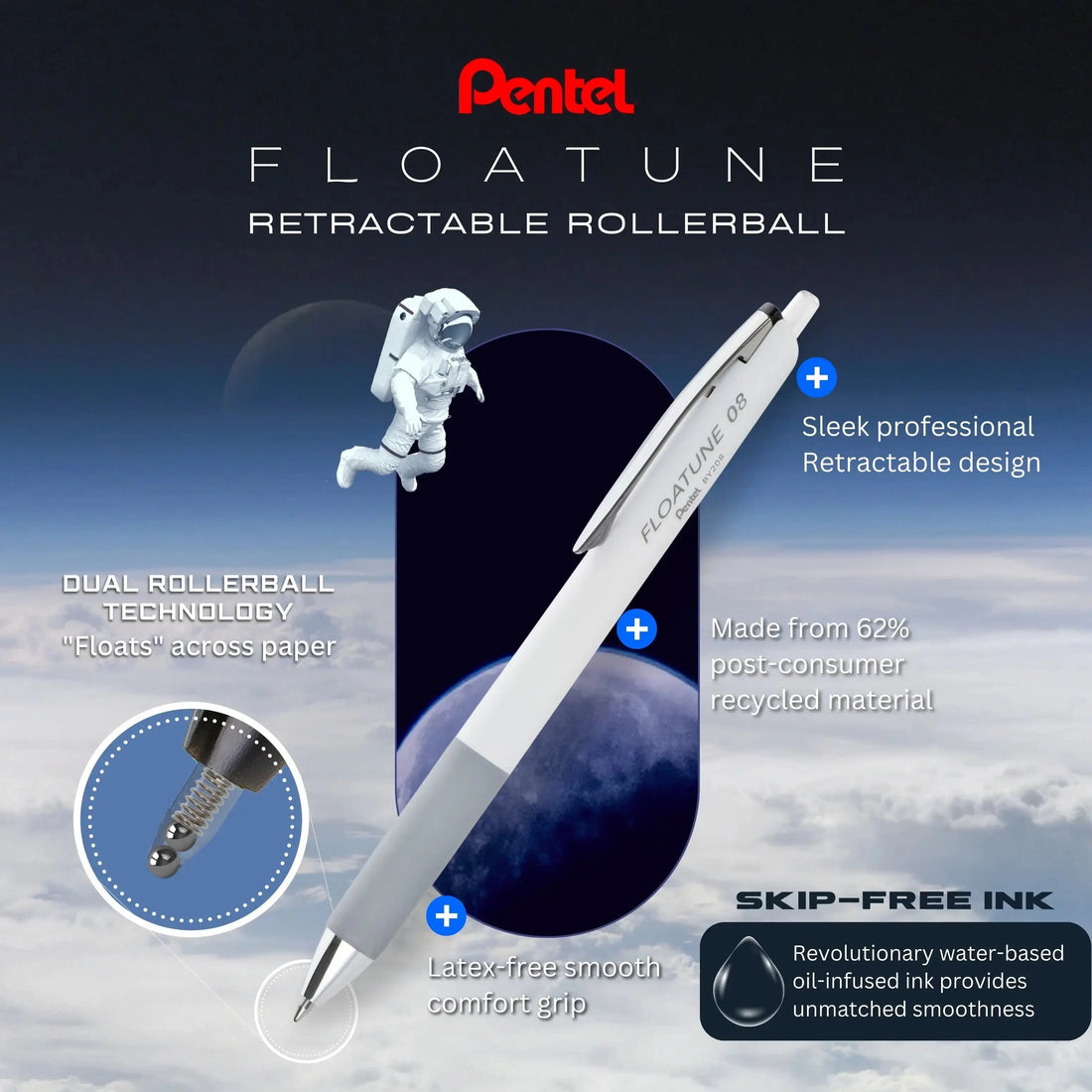 Close-up of a sleek retractable rollerball pen with a smooth grip, highlighting dual rollerball technology and eco-friendly recycled materials designed for premium writing performance.