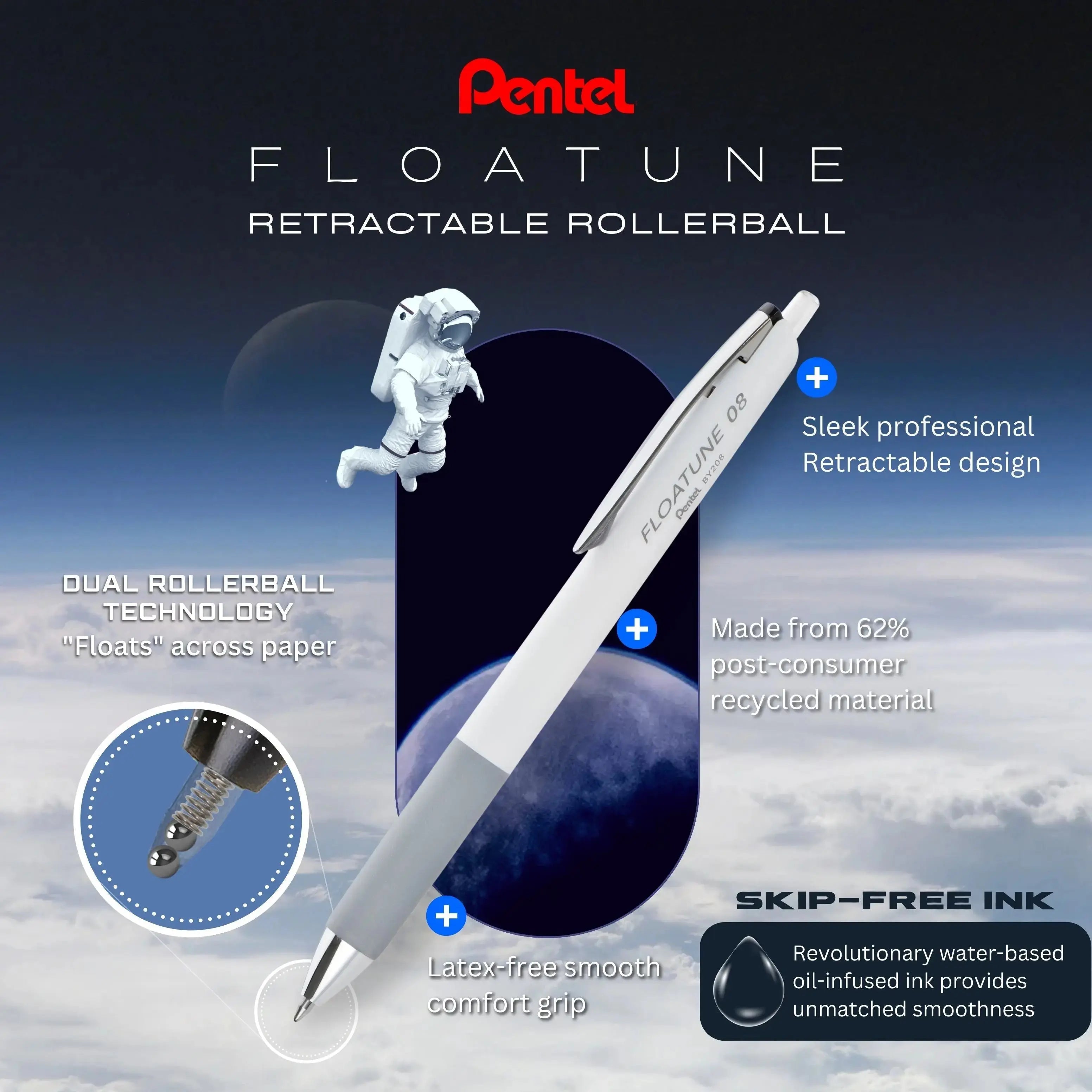 Pentel Floatune Retractable Rollerball, 0.5mm Fine Point, Assorted Ink, 5 - Pk - Pentel of America, Ltd.