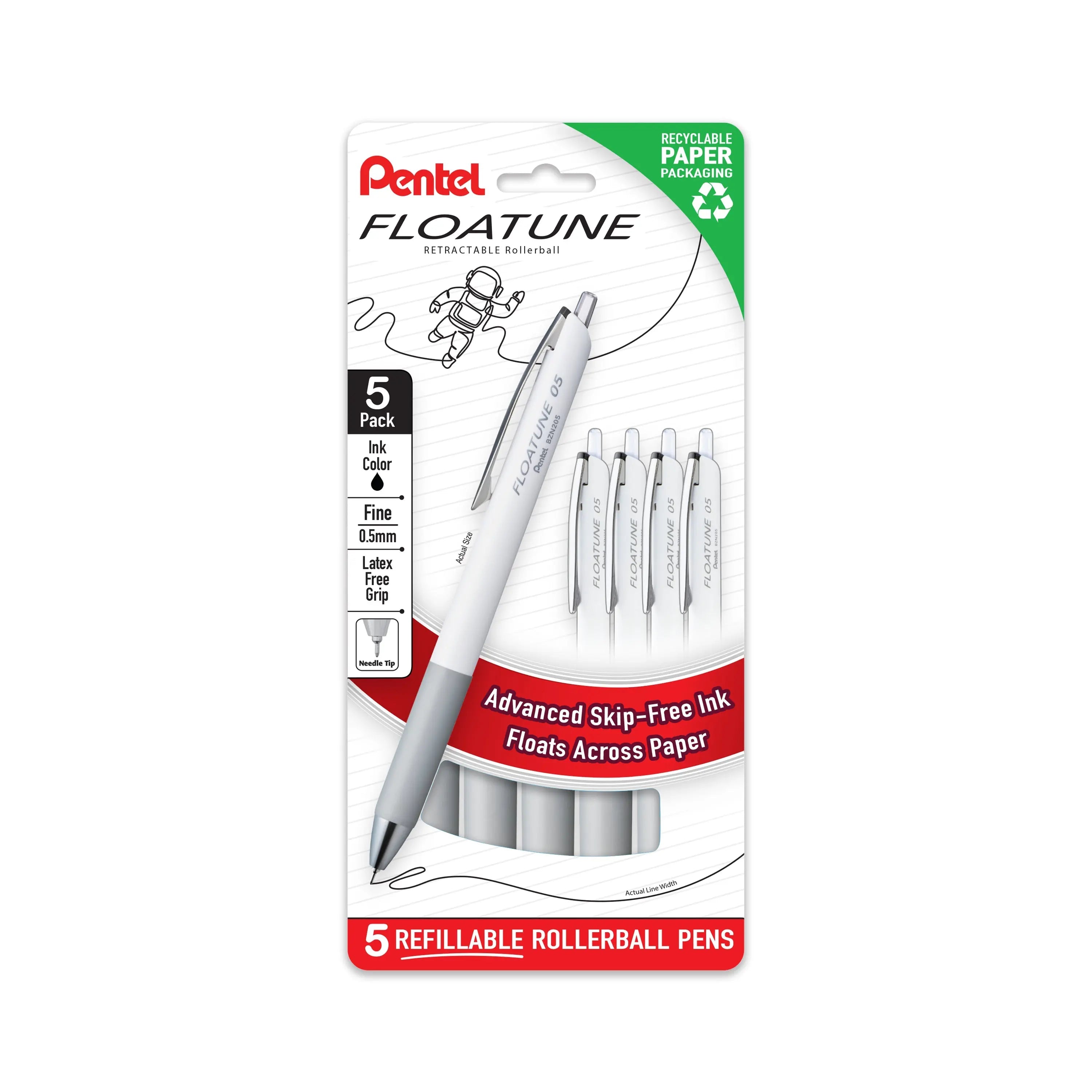 Pentel Floatune Retractable Rollerball, 0.5mm Fine Point, Assorted Ink, 5 - Pk - Pentel of America, Ltd.
