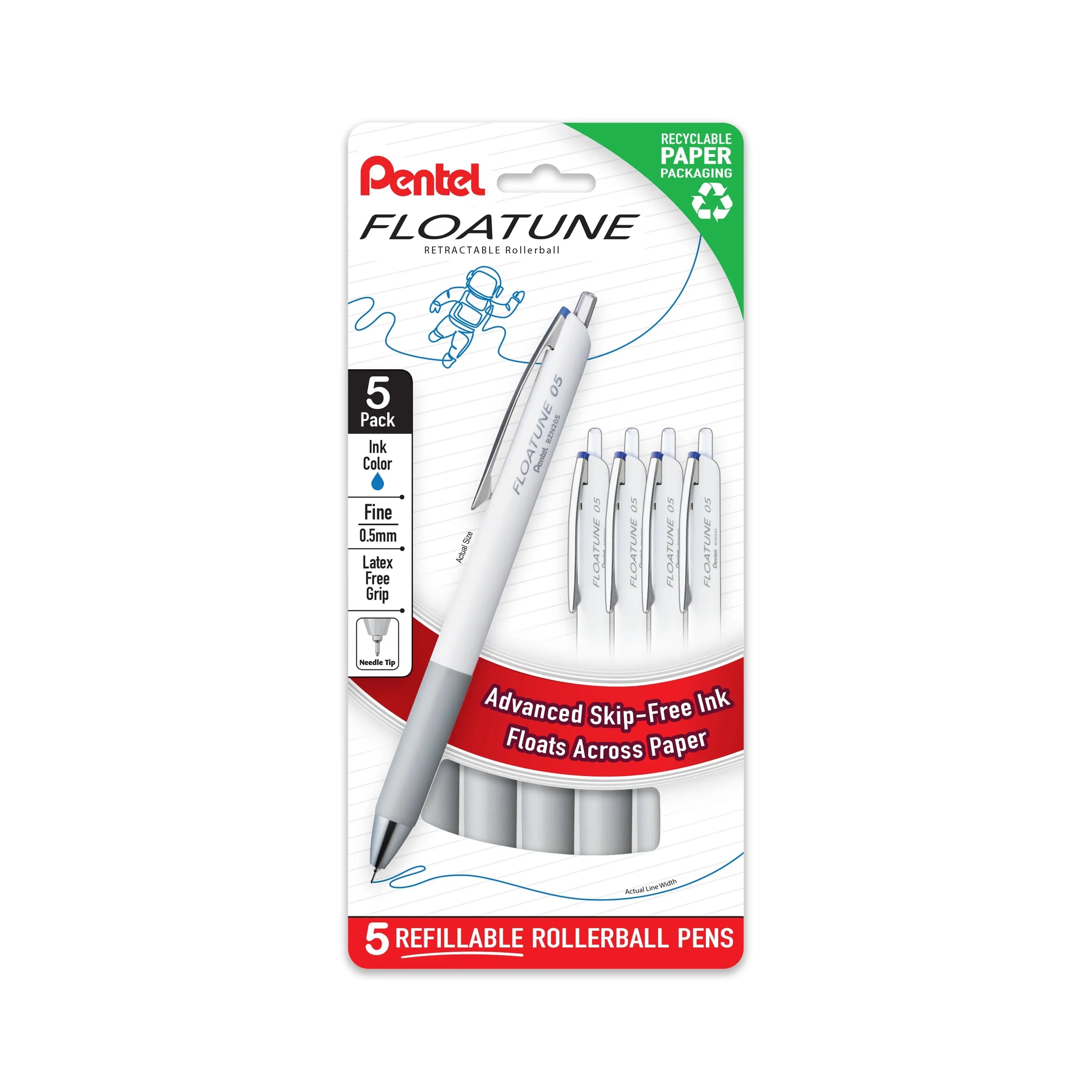 Pentel Floatune Retractable Rollerball, 0.5mm Fine Point, Assorted Ink, 5 - Pk - Pentel of America, Ltd.