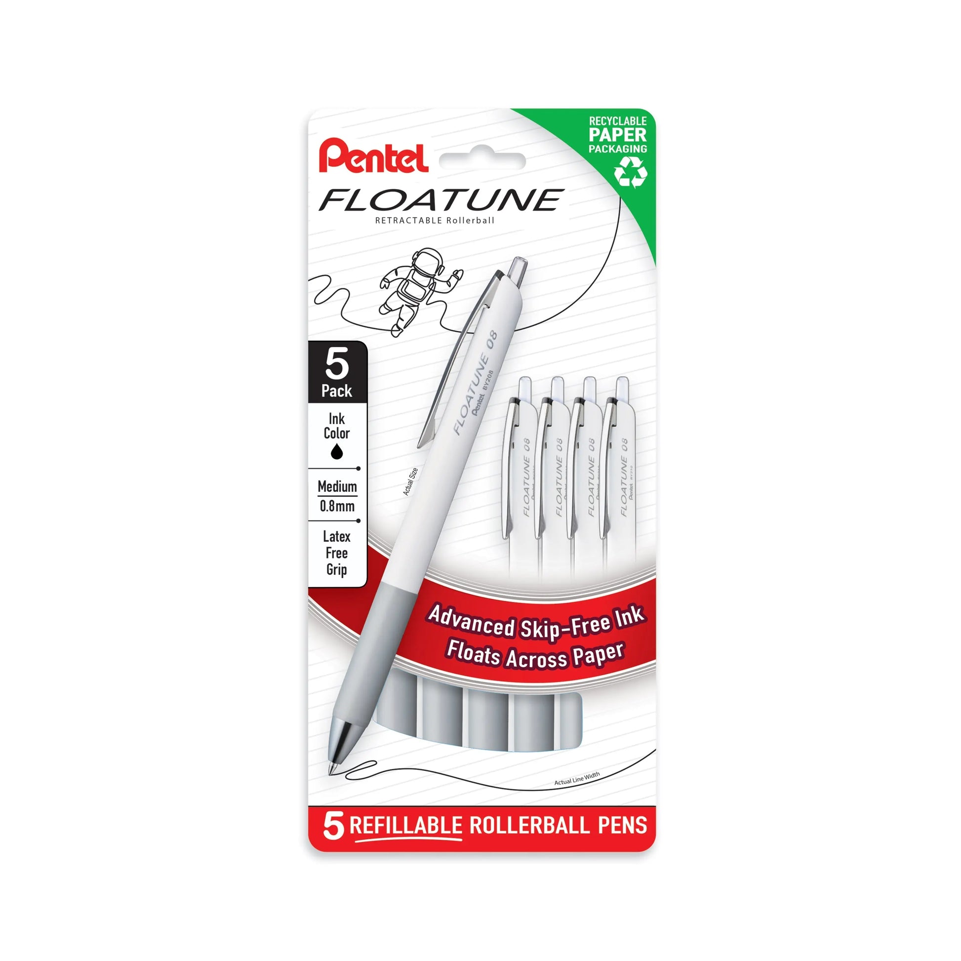 Pentel Floatune Retractable Rollerball, 0.8mm Medium Point, Black Ink, 5 - pk (BY208PF5A) - Pentel of America, Ltd.