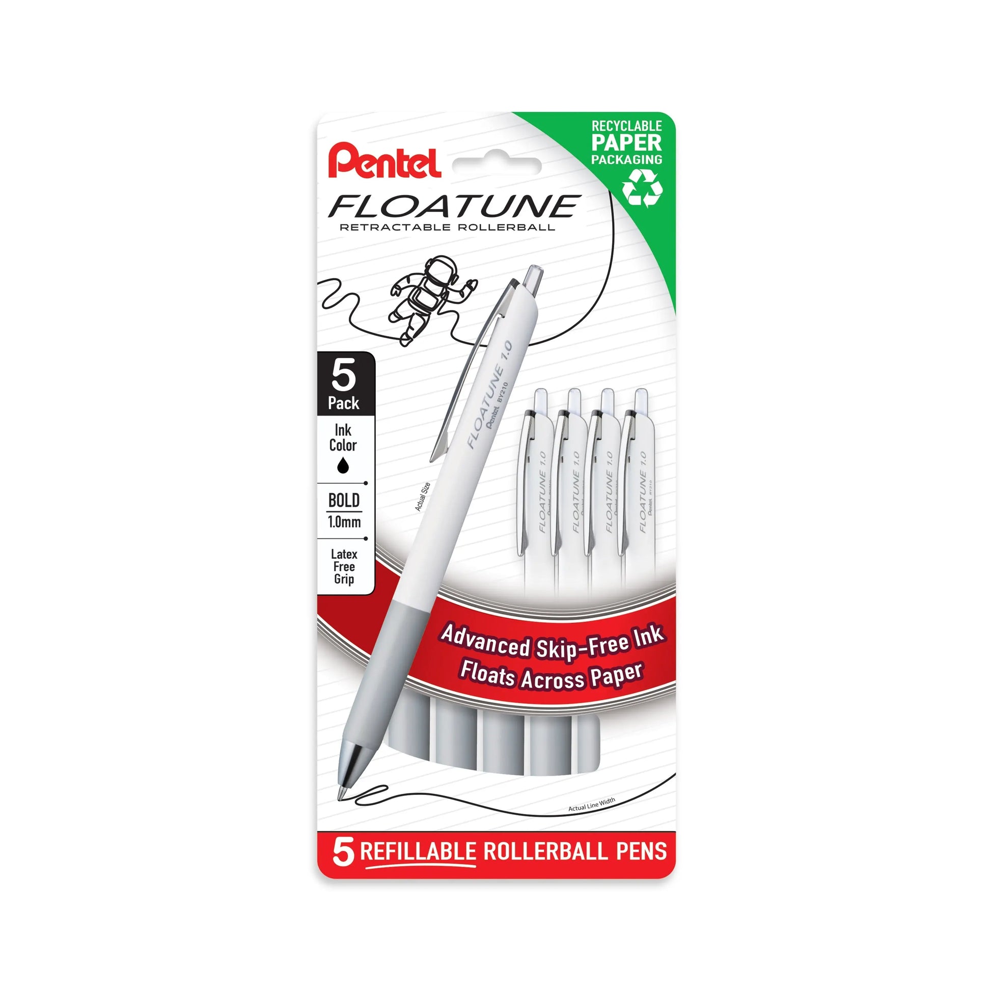 Pentel Floatune Retractable Rollerball, 1.0mm Bold Point, Black Ink, 5 - pk (BY210PF5A) - Pentel of America, Ltd.