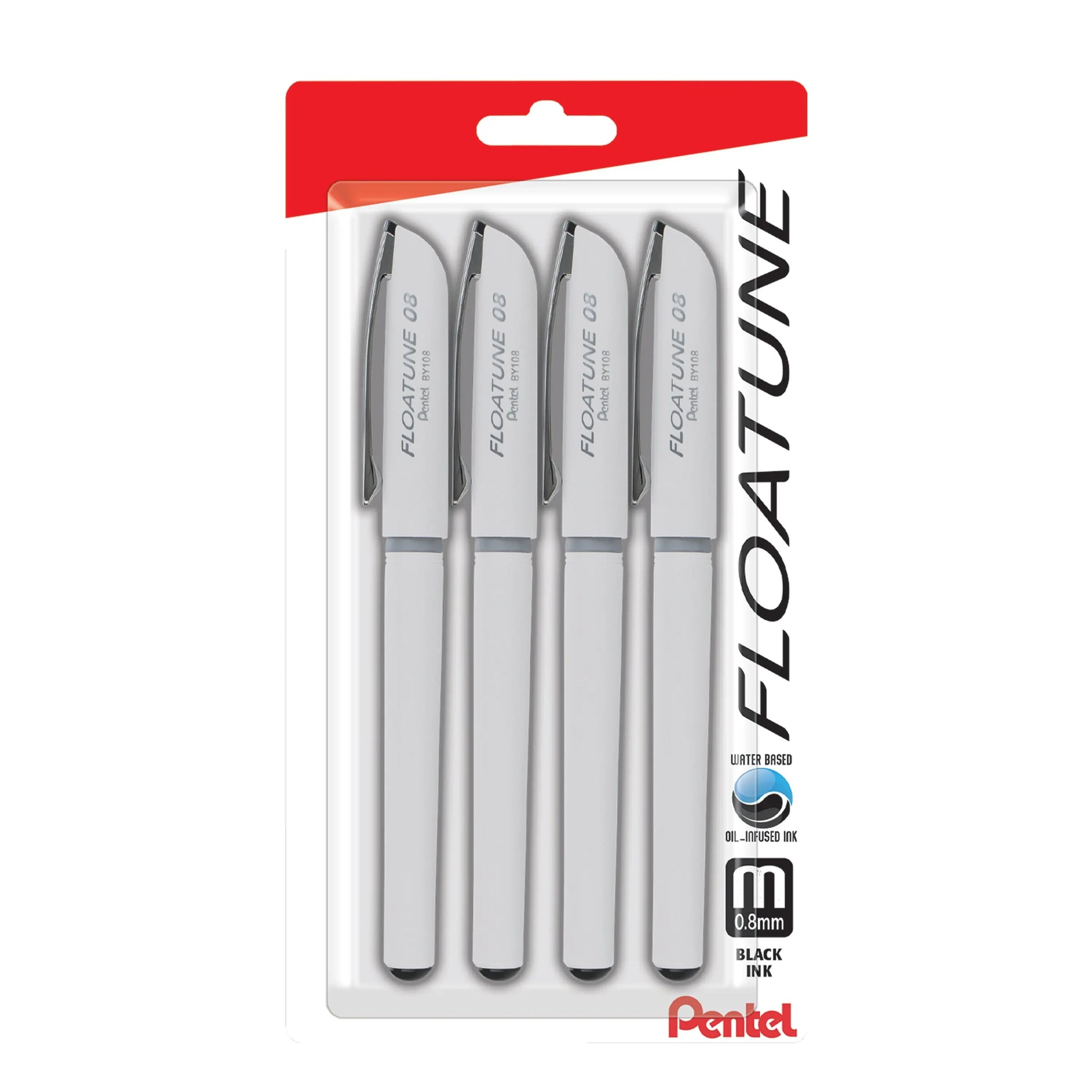 Package of four black ink rollerball pens with medium 0.8mm tip designed for smooth writing, featuring a sleek white barrel and premium ink quality.