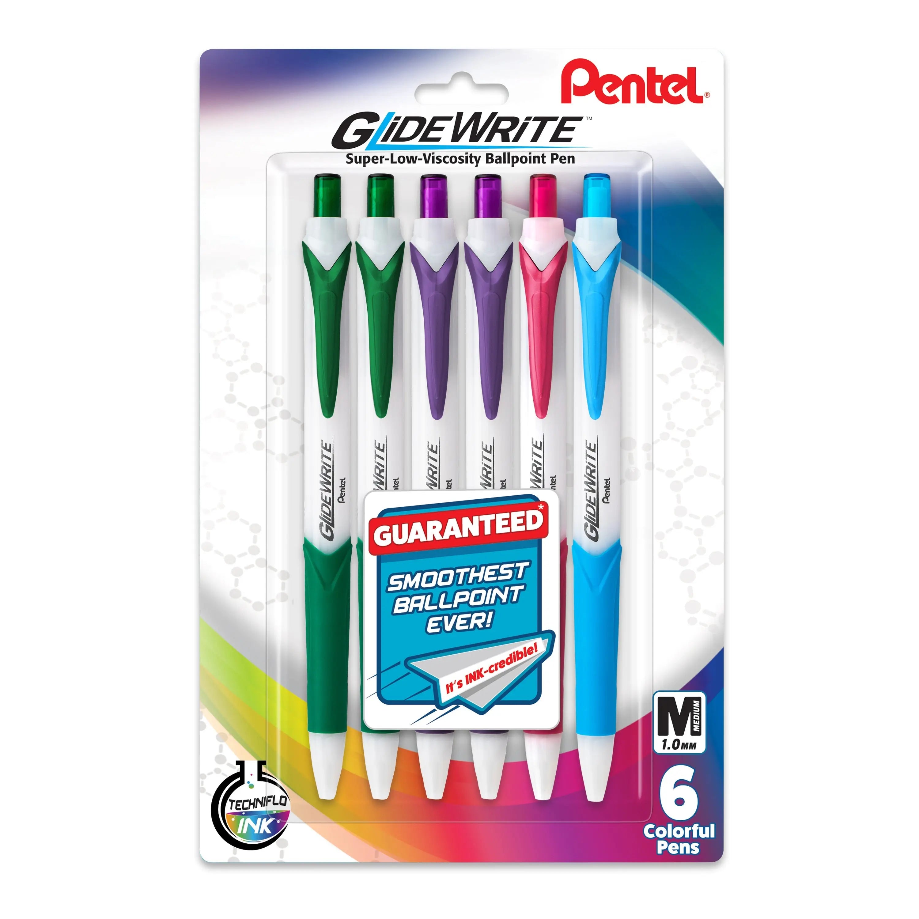 Pentel GlideWrite Ballpoint Pen with TechniFlo Ink, (1.0mm) Medium Line, Assorted Ink, Pack of 6 (BX910BP6M) - Pentel of America, Ltd.